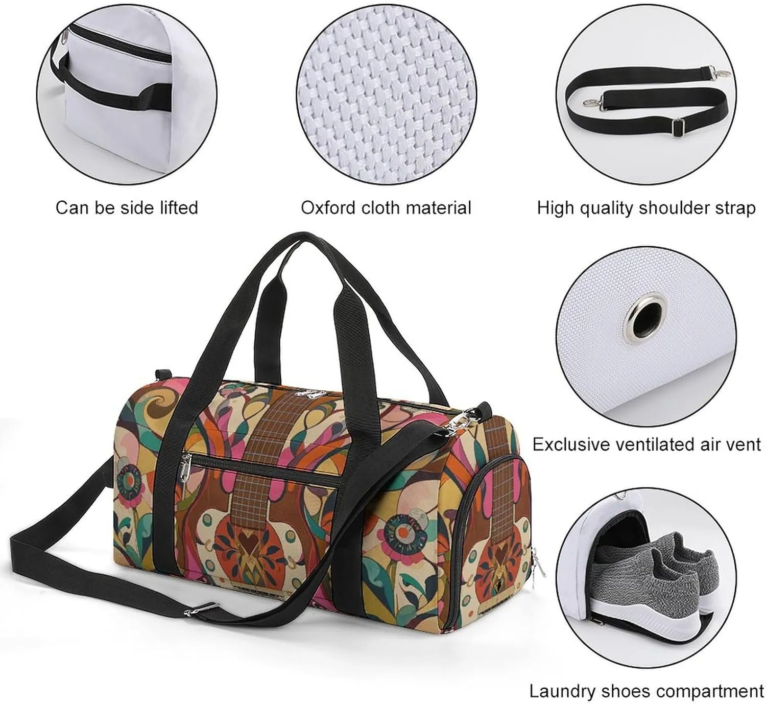 Gym Bags Small Art Guitar Pattern Duffel Bag Overnight Bag with Shoe Compartment Carryon Bag for Men Women