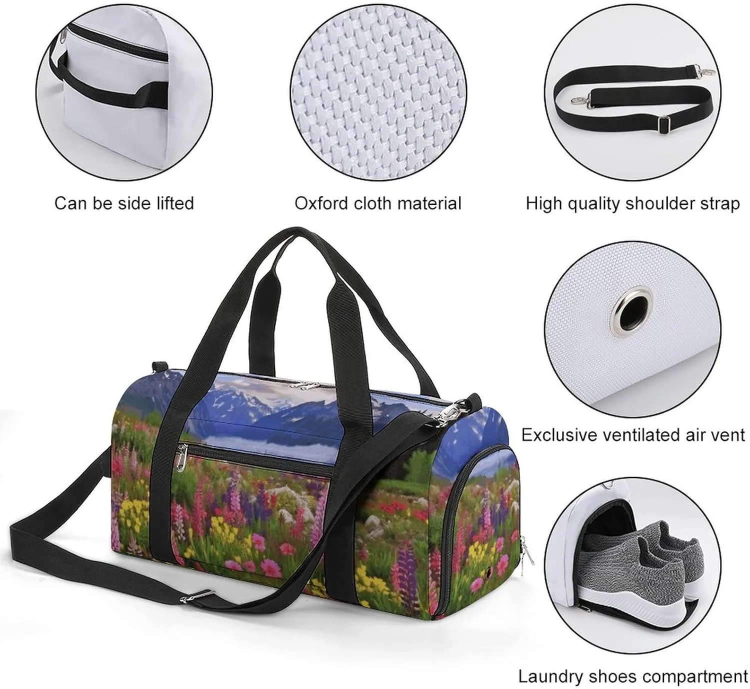 Gym Bags Small Beautiful Flowers Mountain Duffel Bag Overnight Bag with Shoe Compartment Carryon Bag for Men Women