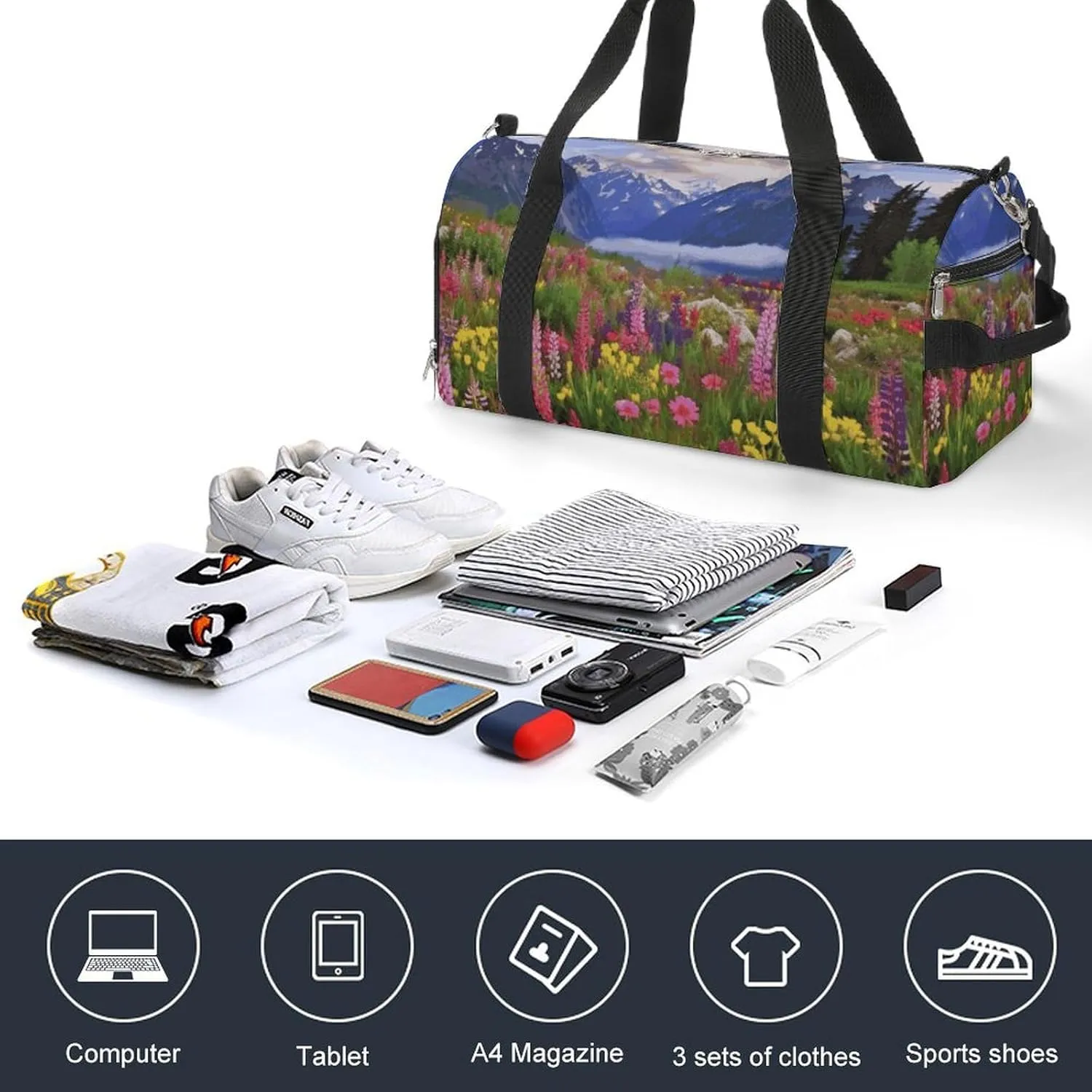 Gym Bags Small Beautiful Flowers Mountain Duffel Bag Overnight Bag with Shoe Compartment Carryon Bag for Men Women