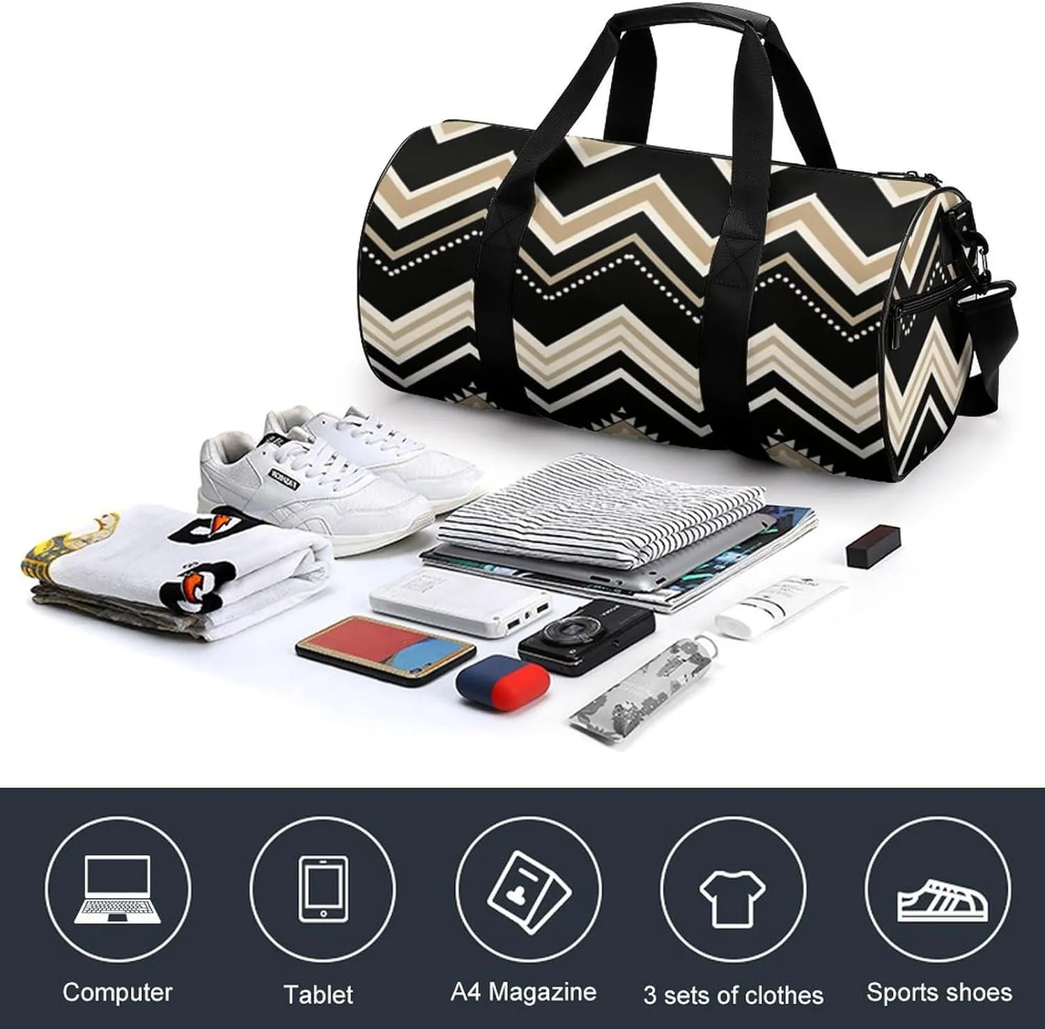 Gym Bags Small Black White Tan Zigzag Duffel Bag Overnight Bag with Shoe Compartment Carryon Bag for Men Women