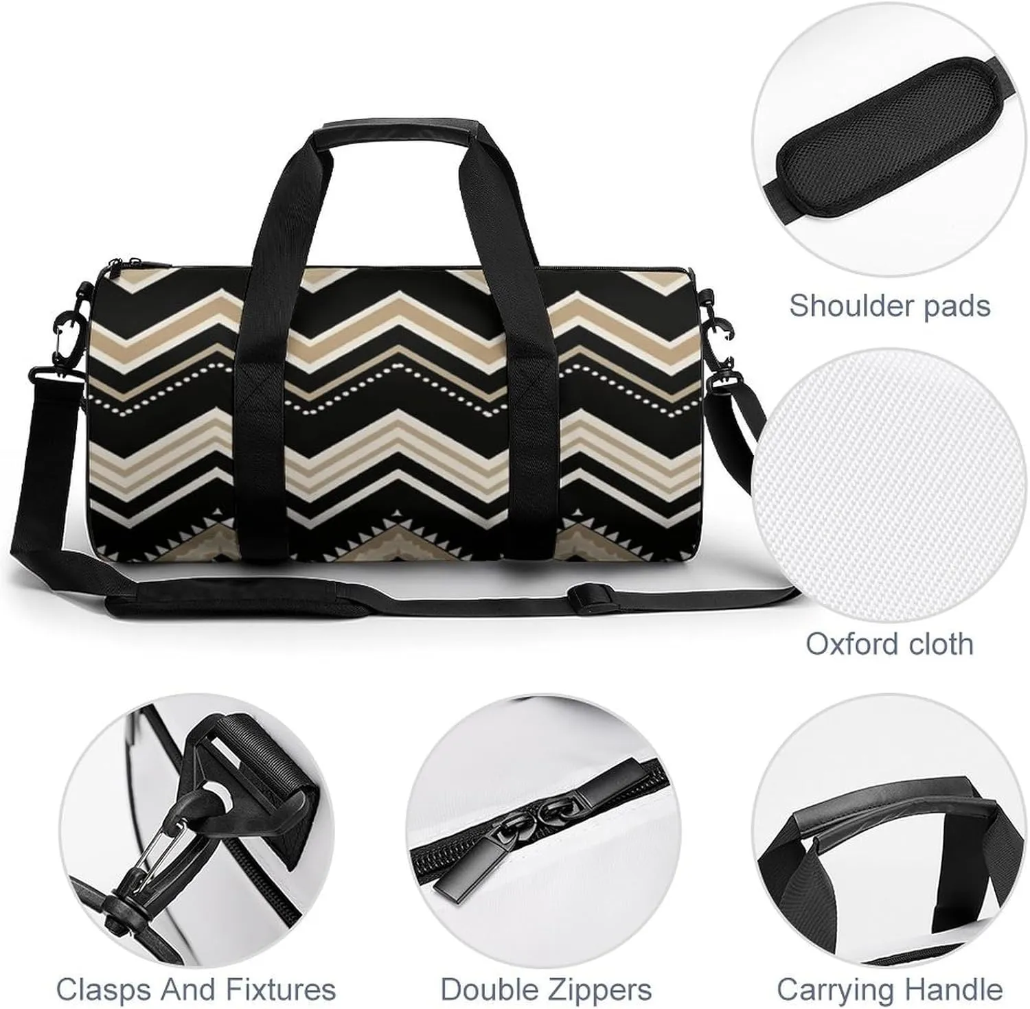 Gym Bags Small Black White Tan Zigzag Duffel Bag Overnight Bag with Shoe Compartment Carryon Bag for Men Women