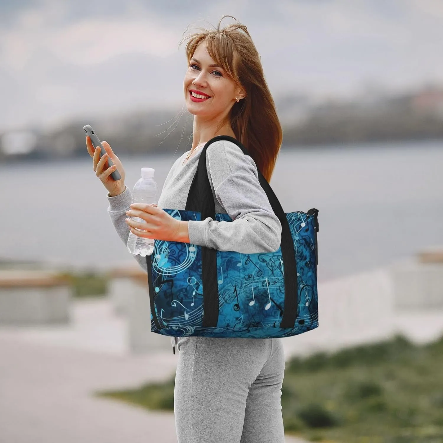 Gym Bags Small Blue Musical Notes Duffel Bag Overnight Bag with Shoe Compartment Carryon Bag for Men Women