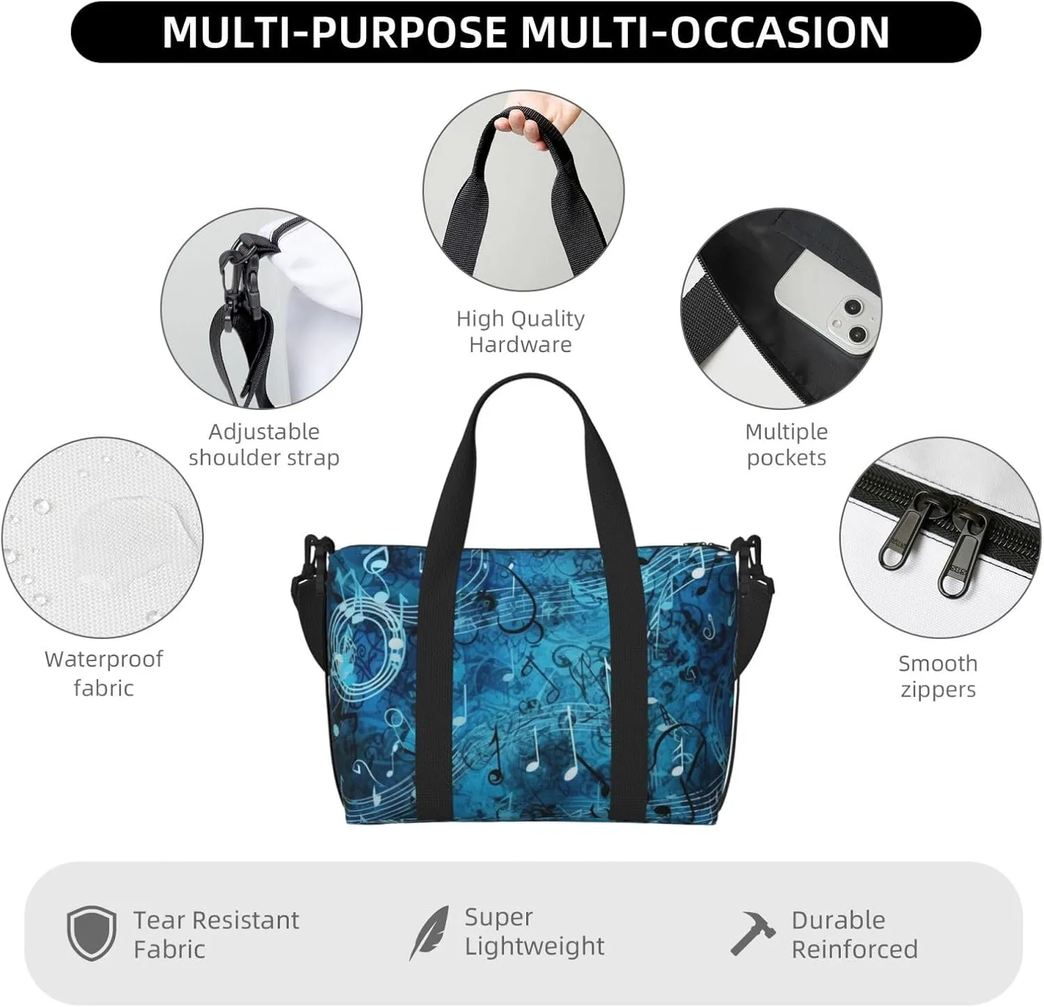 Gym Bags Small Blue Musical Notes Duffel Bag Overnight Bag with Shoe Compartment Carryon Bag for Men Women