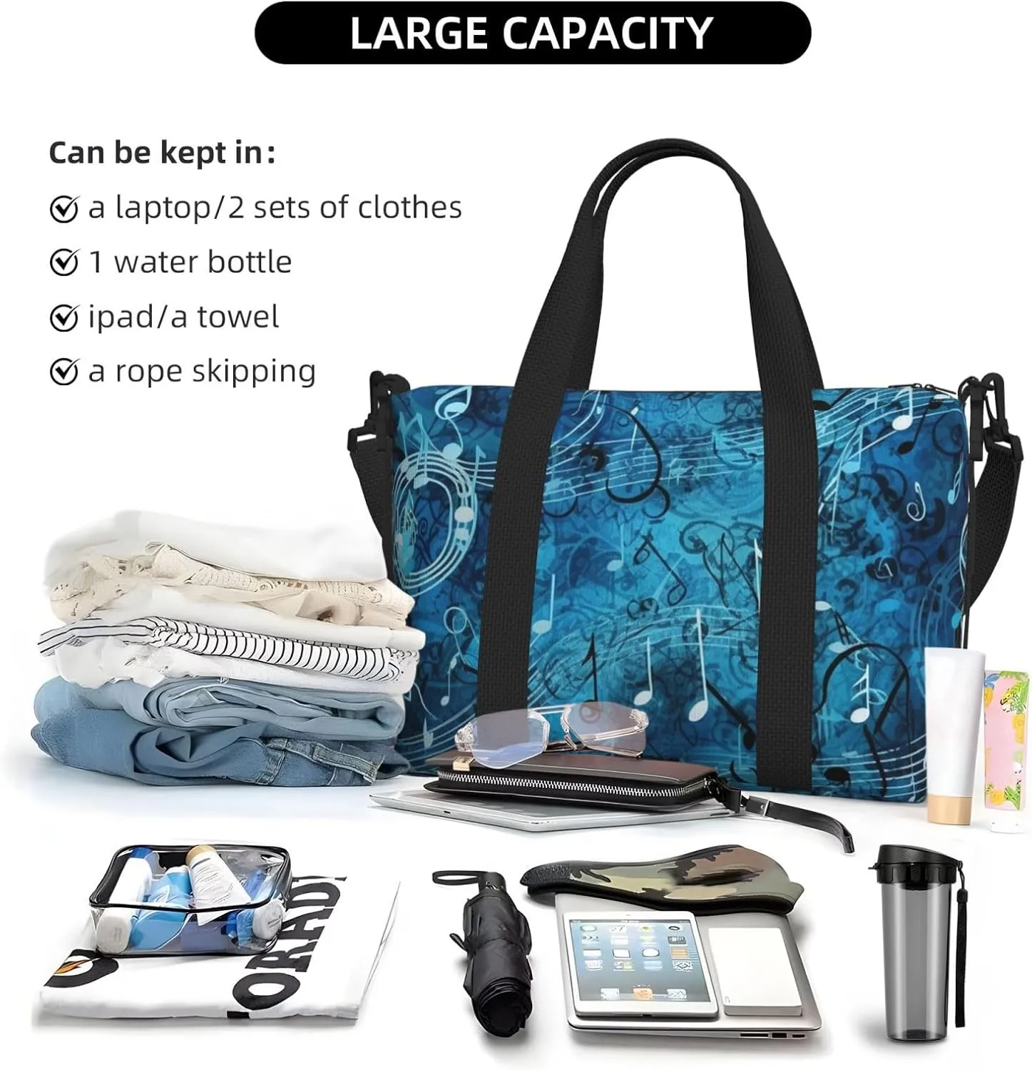 Gym Bags Small Blue Musical Notes Duffel Bag Overnight Bag with Shoe Compartment Carryon Bag for Men Women