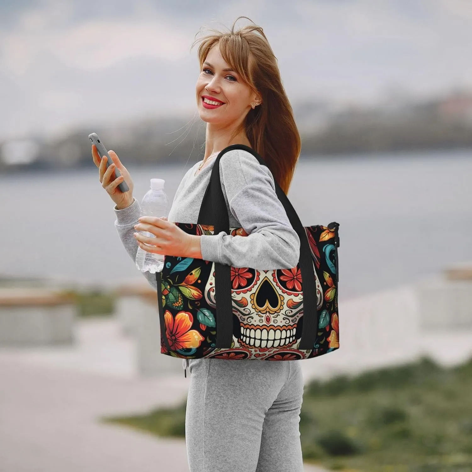 Gym Bags Small Colorful Sugar Skull Duffel Bag Overnight Bag with Shoe Compartment Carryon Bag for Men Women