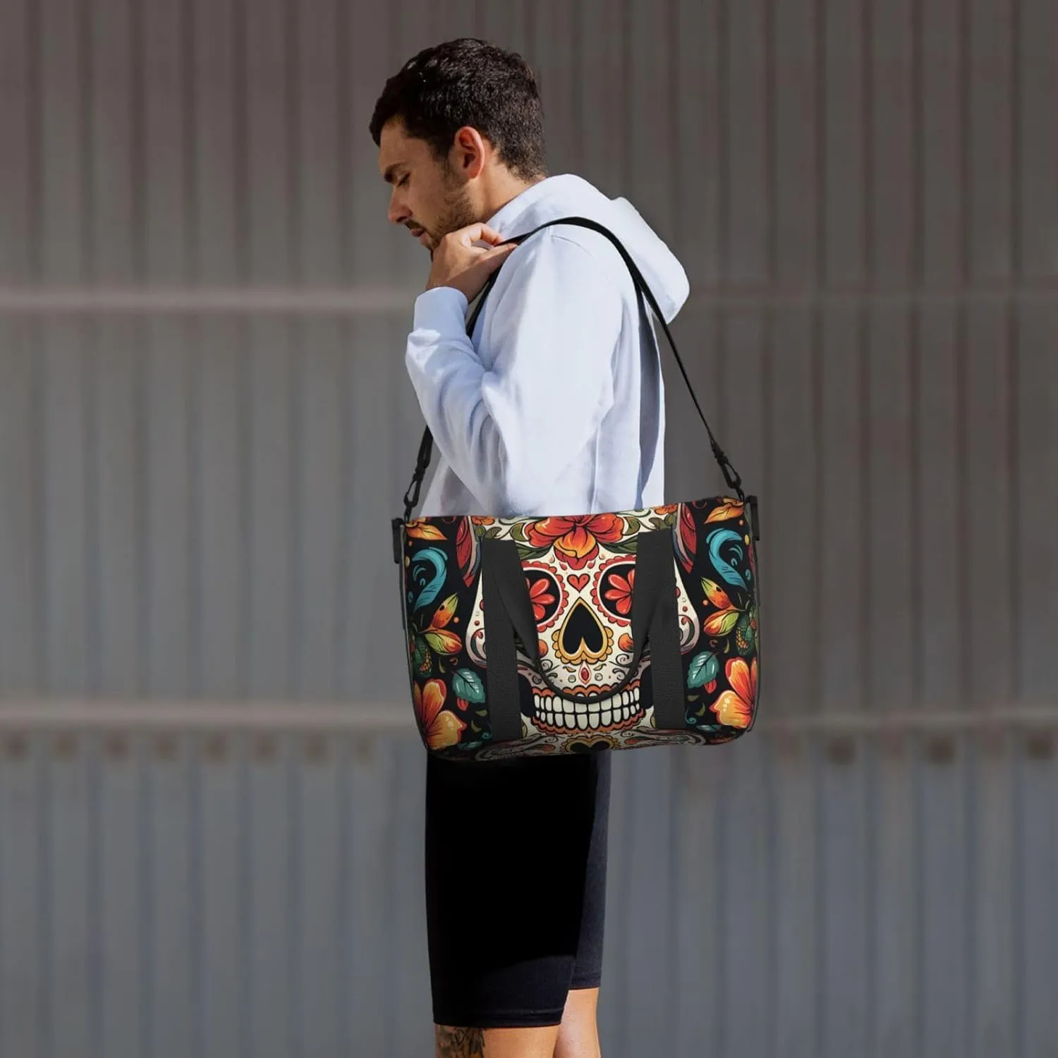 Gym Bags Small Colorful Sugar Skull Duffel Bag Overnight Bag with Shoe Compartment Carryon Bag for Men Women