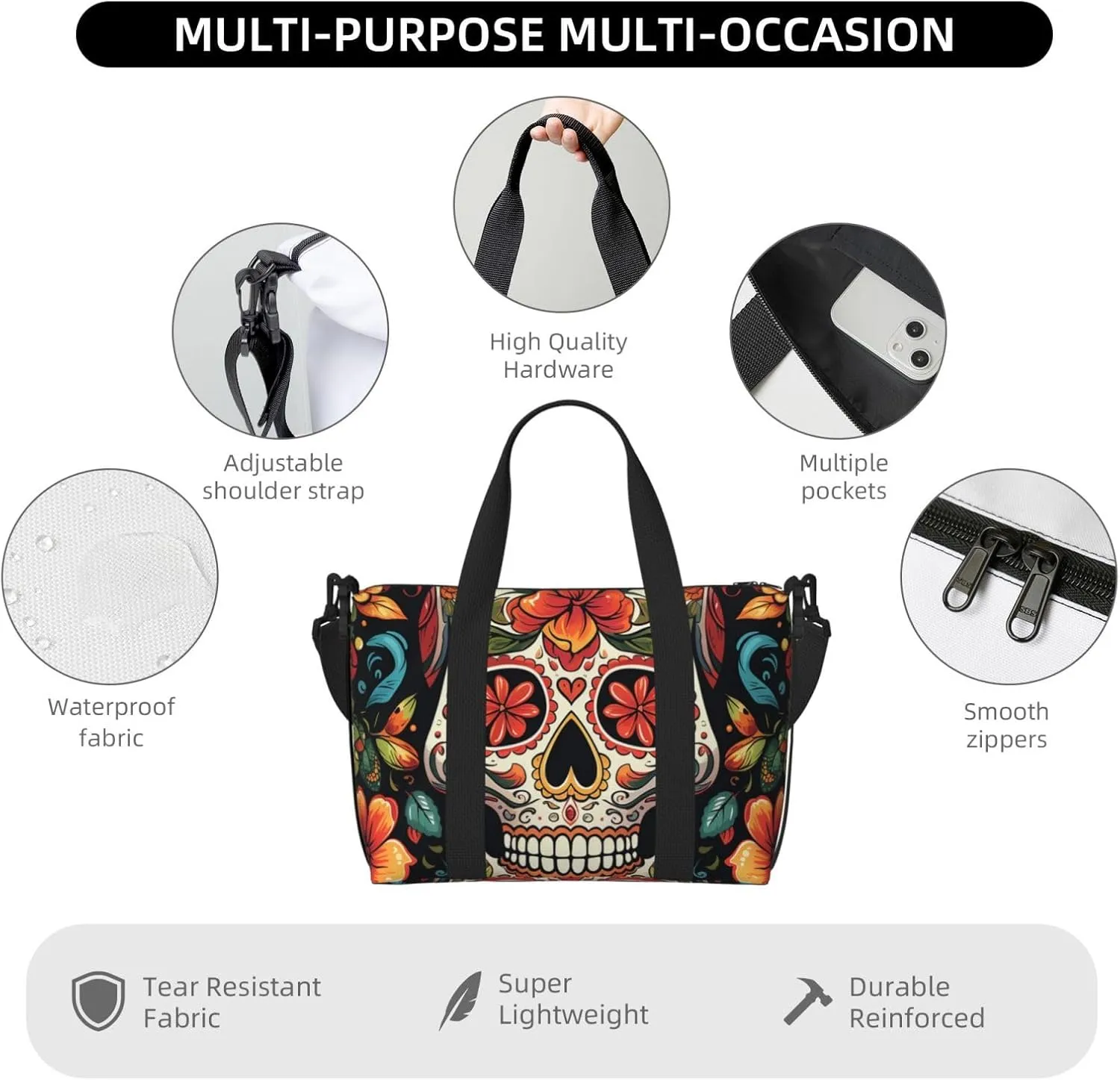 Gym Bags Small Colorful Sugar Skull Duffel Bag Overnight Bag with Shoe Compartment Carryon Bag for Men Women