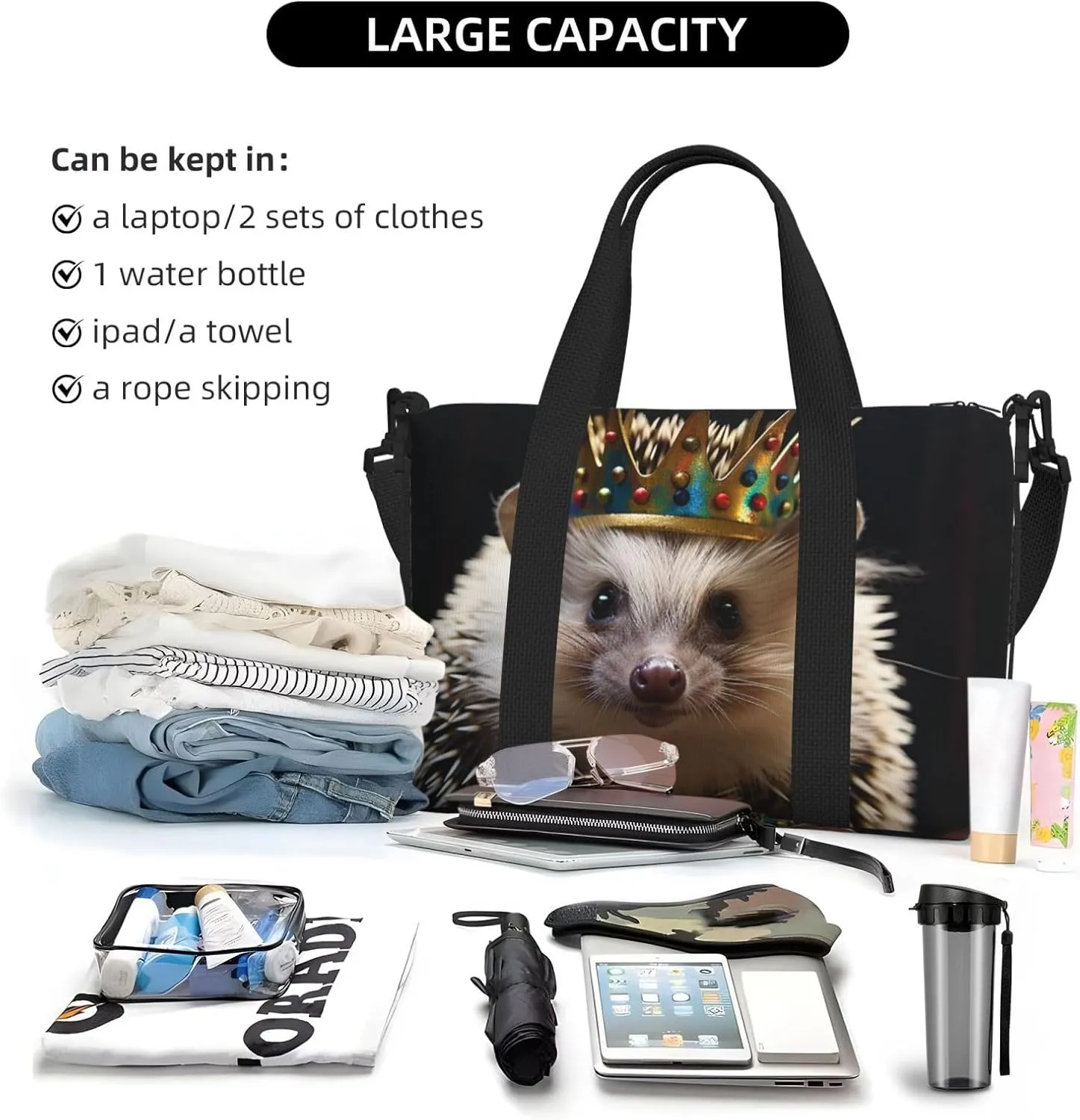 Gym Bags Small crown with hedgehog Duffel Bag Overnight Bag with Shoe Compartment Carryon Bag for Men Women