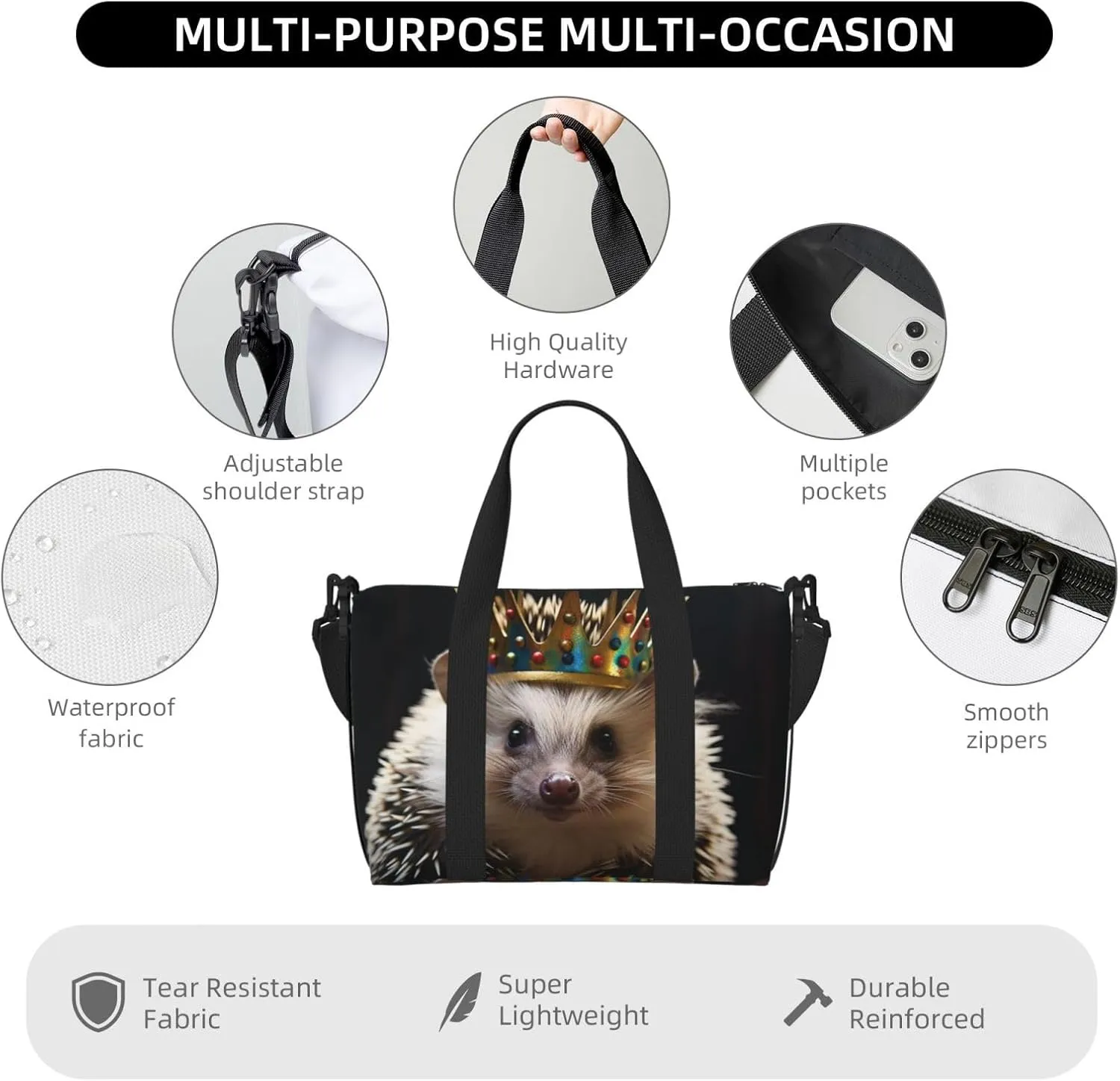 Gym Bags Small crown with hedgehog Duffel Bag Overnight Bag with Shoe Compartment Carryon Bag for Men Women
