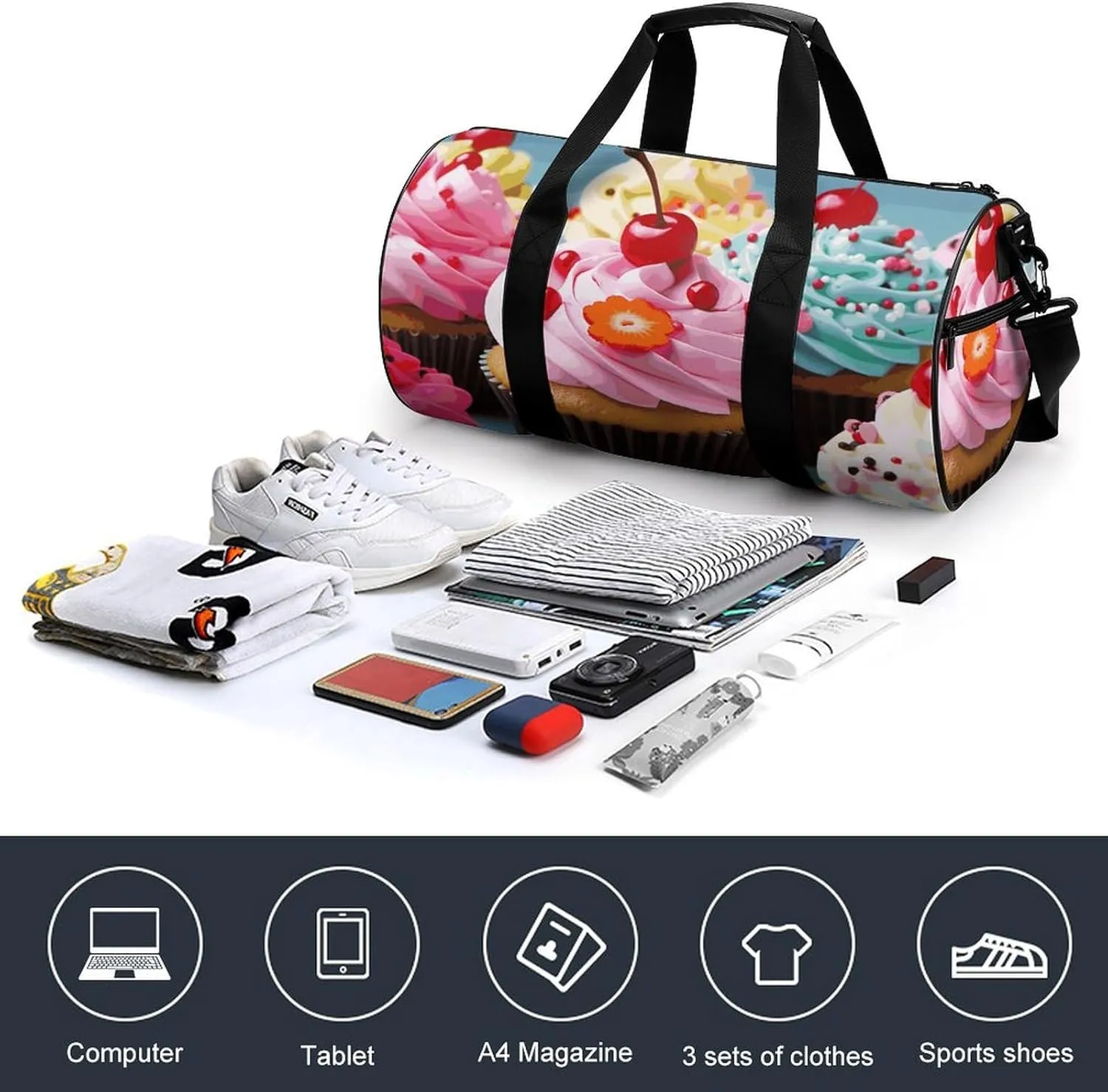 Gym Bags Small Cupcake Duffel Bag Overnight Bag with Shoe Compartment Carryon Bag for Men Women