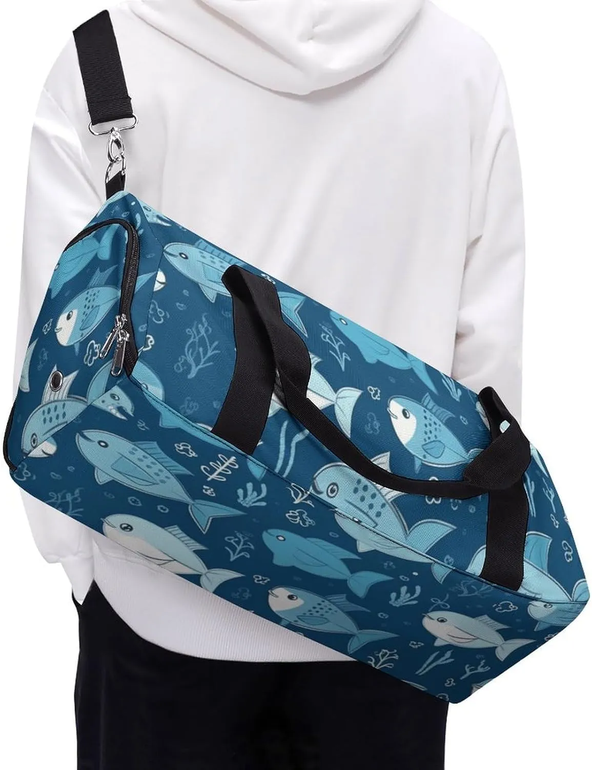 Gym Bags Small Cute Blue Fish Duffel Bag Overnight Bag with Shoe Compartment Carryon Bag for Men Women