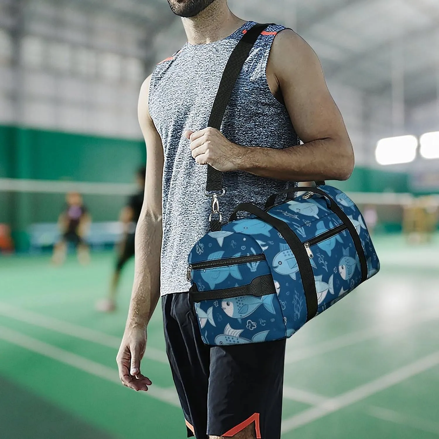Gym Bags Small Cute Blue Fish Duffel Bag Overnight Bag with Shoe Compartment Carryon Bag for Men Women