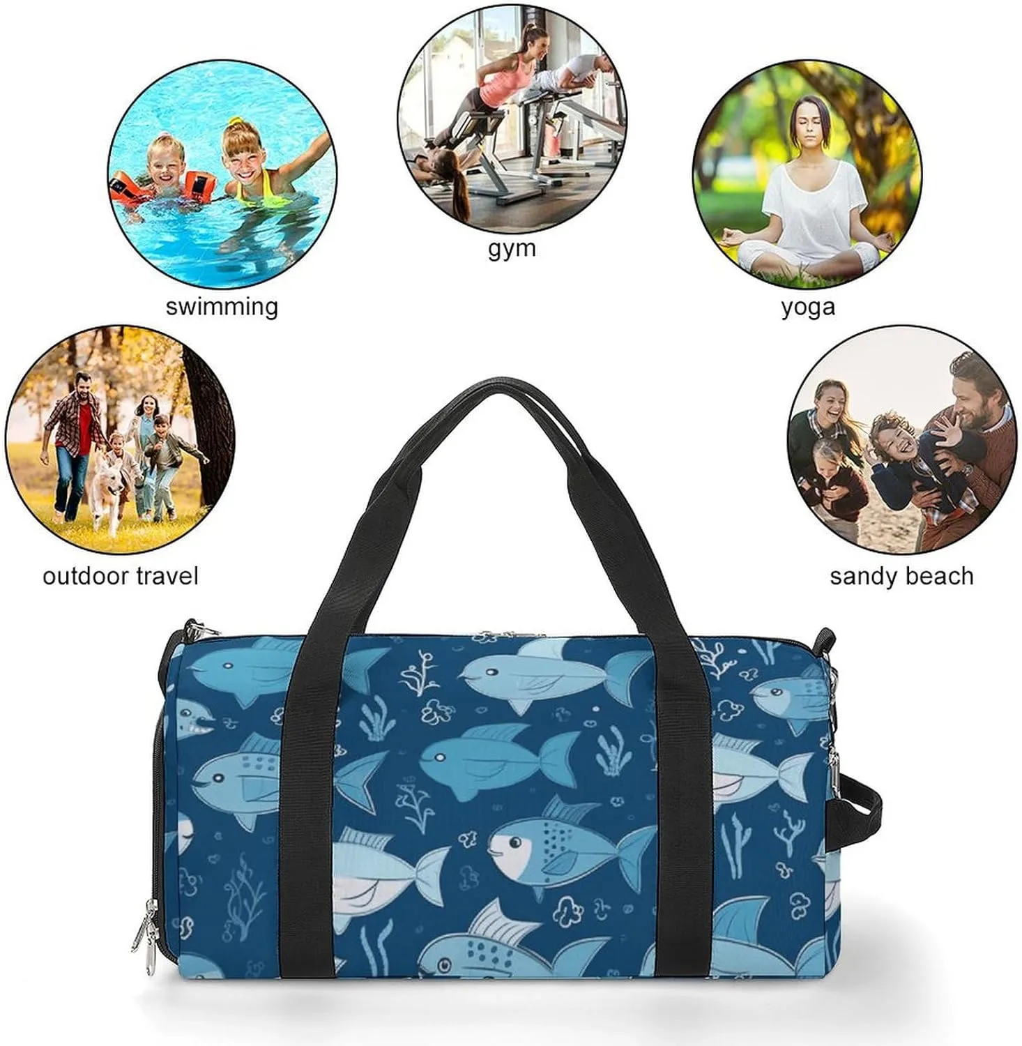 Gym Bags Small Cute Blue Fish Duffel Bag Overnight Bag with Shoe Compartment Carryon Bag for Men Women