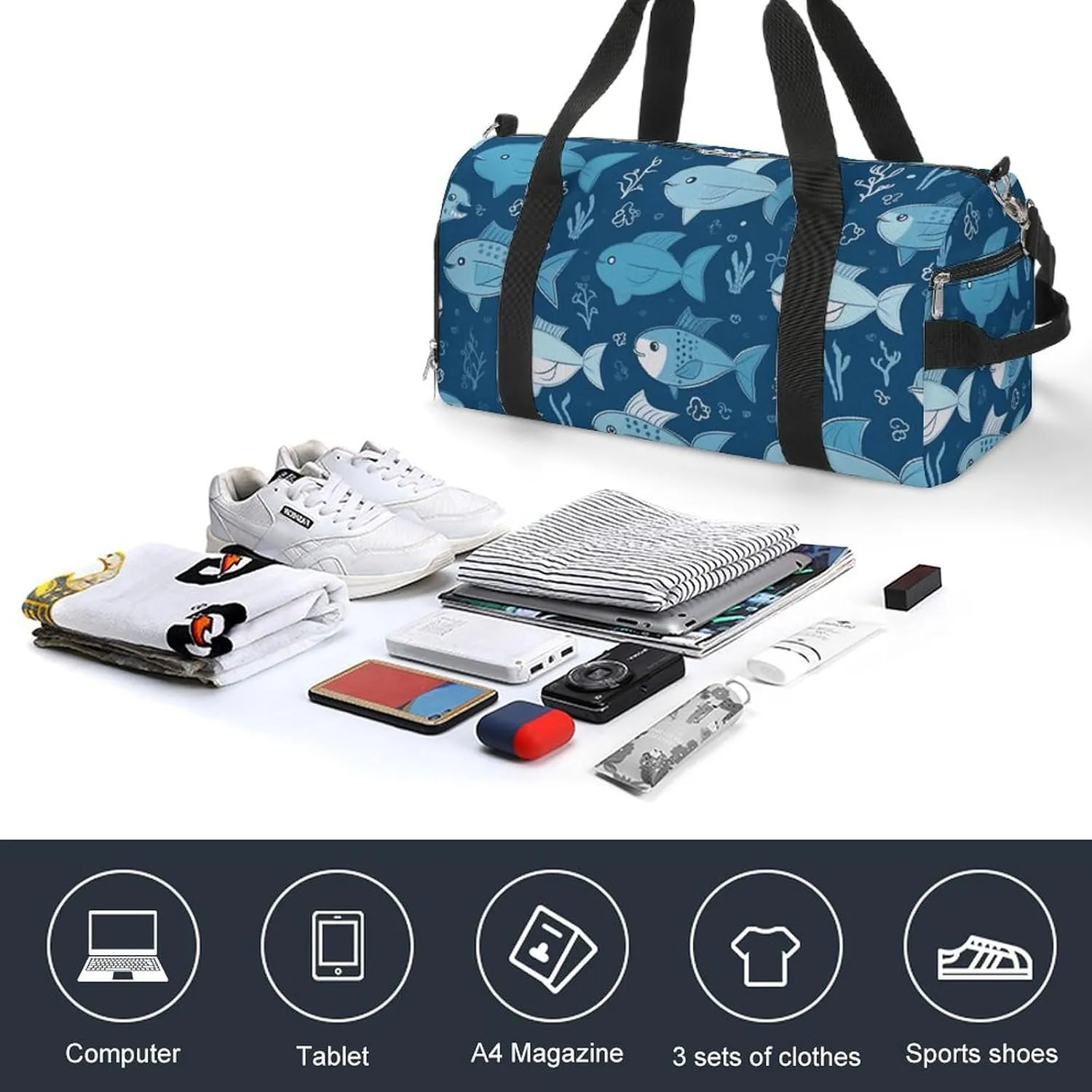Gym Bags Small Cute Blue Fish Duffel Bag Overnight Bag with Shoe Compartment Carryon Bag for Men Women