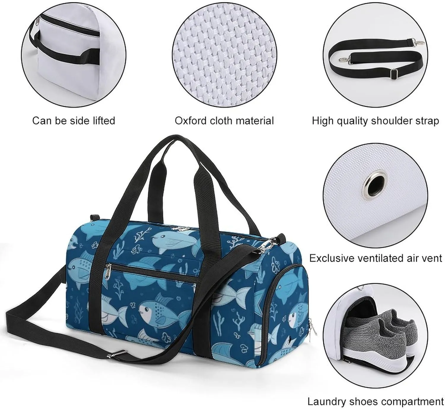 Gym Bags Small Cute Blue Fish Duffel Bag Overnight Bag with Shoe Compartment Carryon Bag for Men Women