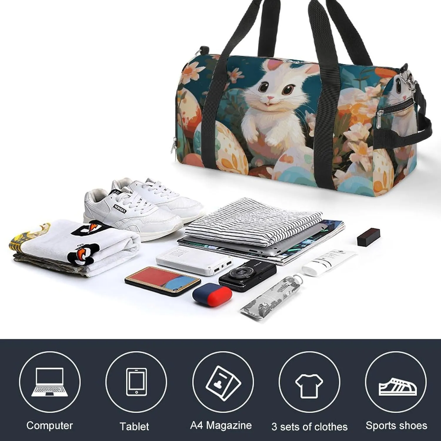 Gym Bags Small Cute Easter Bunny Duffel Bag Overnight Bag with Shoe Compartment Carryon Bag for Men Women