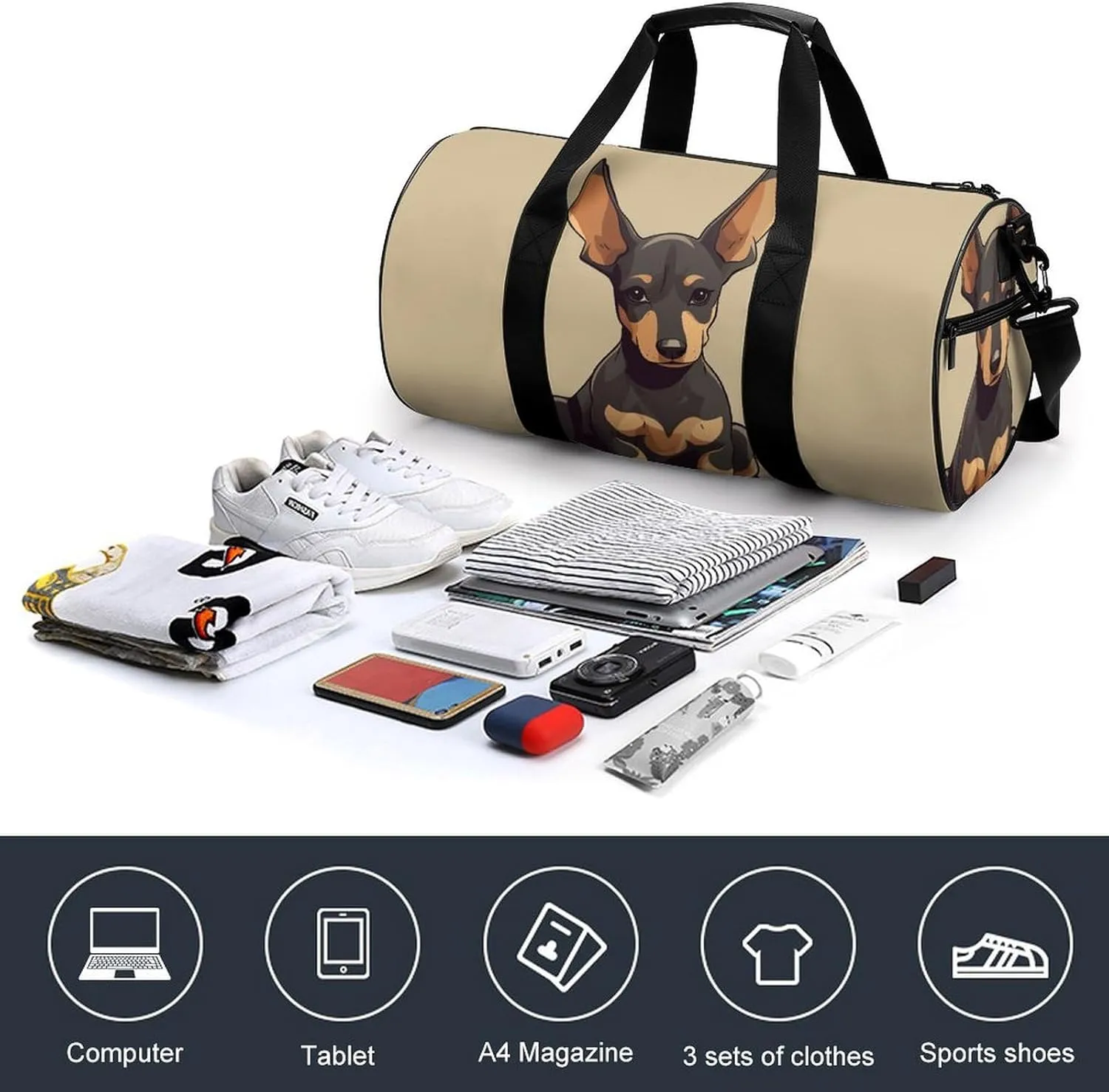 Gym Bags Small Doberman Puppy with Erect Ears Duffel Bag Overnight Bag with Shoe Compartment Carryon Bag for Men Women