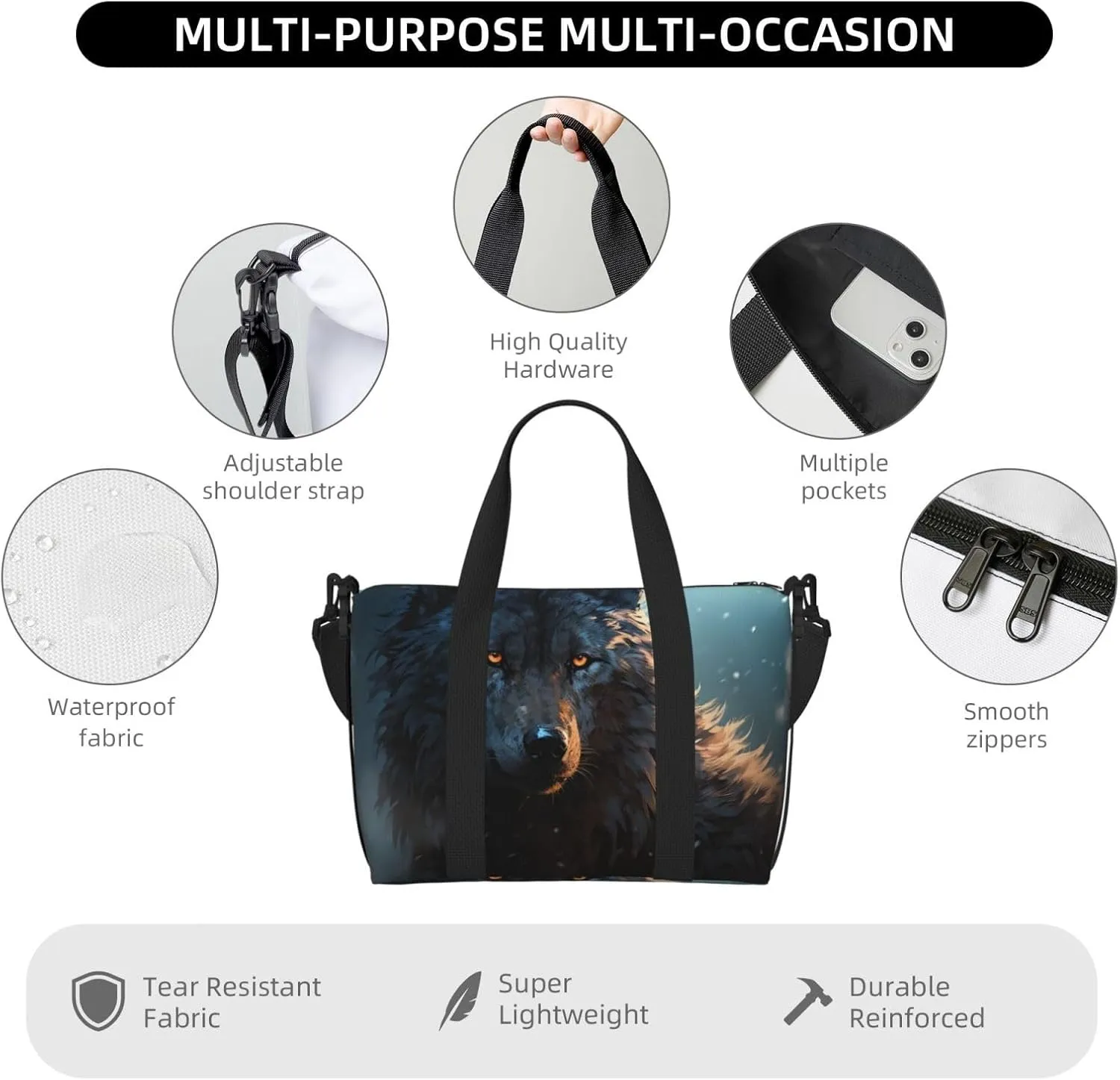 Gym Bags Small Fantasy Wolf Duffel Bag Overnight Bag with Shoe Compartment Carryon Bag for Men Women