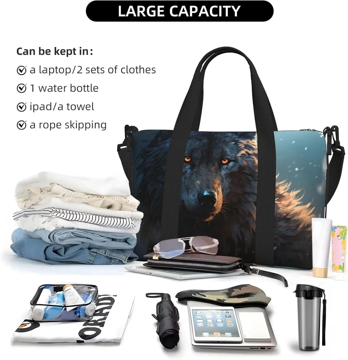 Gym Bags Small Fantasy Wolf Duffel Bag Overnight Bag with Shoe Compartment Carryon Bag for Men Women