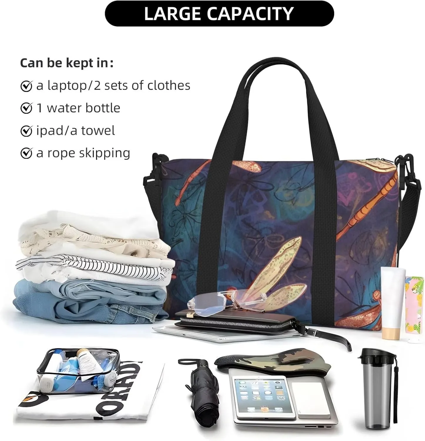 Gym Bags Small Hand painted dragonfly Duffel Bag Overnight Bag with Shoe Compartment Carryon Bag for Men Women