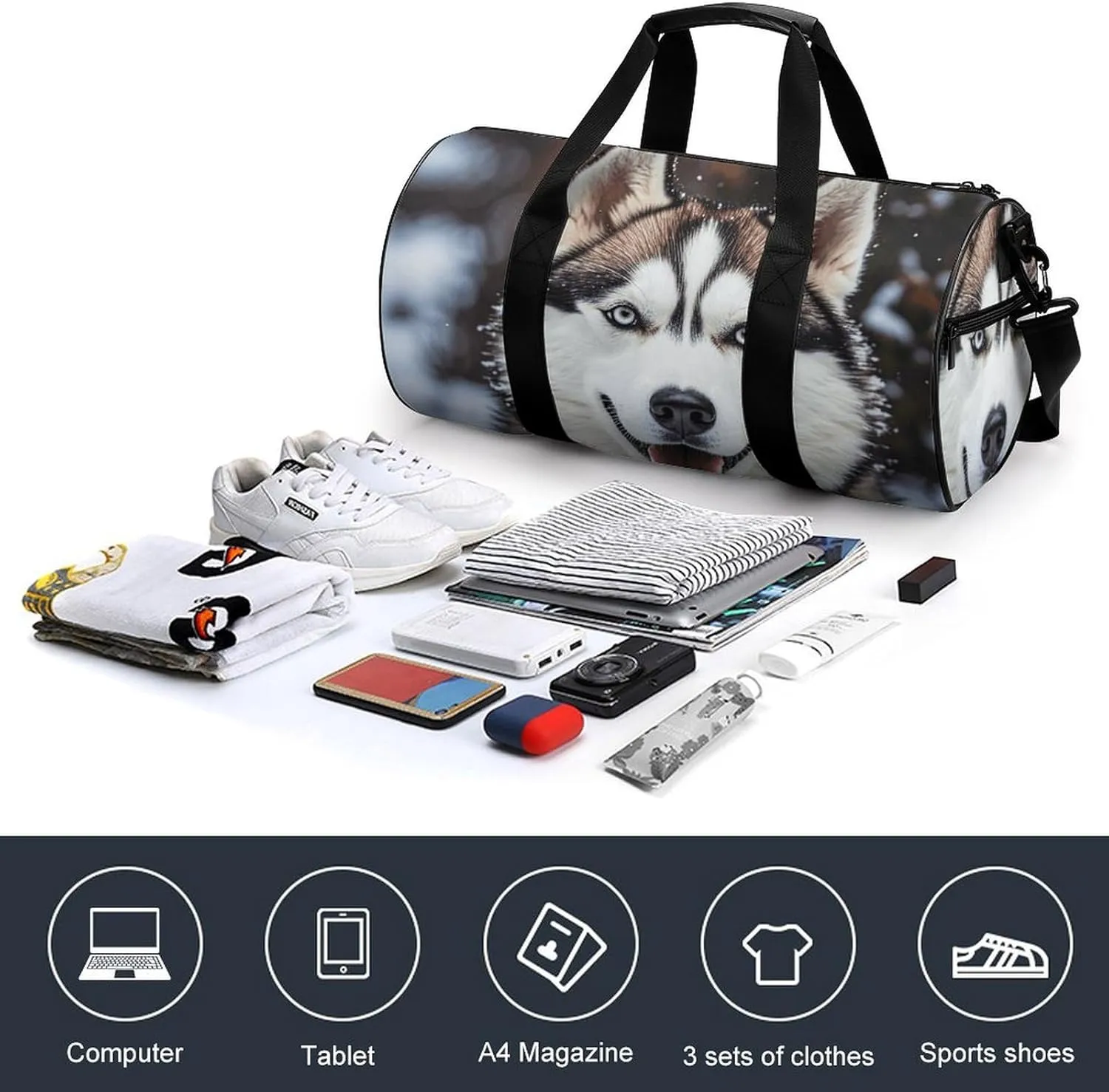 Gym Bags Small Lovely Huskys Duffel Bag Overnight Bag with Shoe Compartment Carryon Bag for Men Women