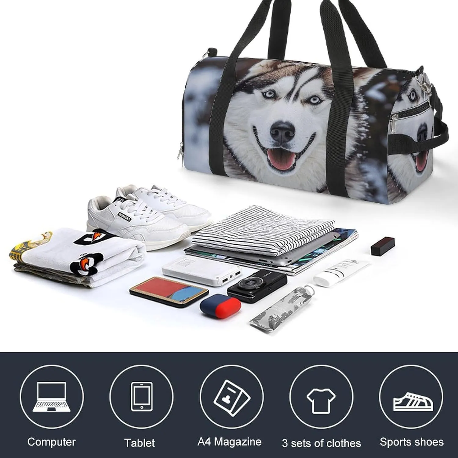 Gym Bags Small Lovely Huskys Duffel Bag Overnight Bag with Shoe Compartment Carryon Bag for Men Women