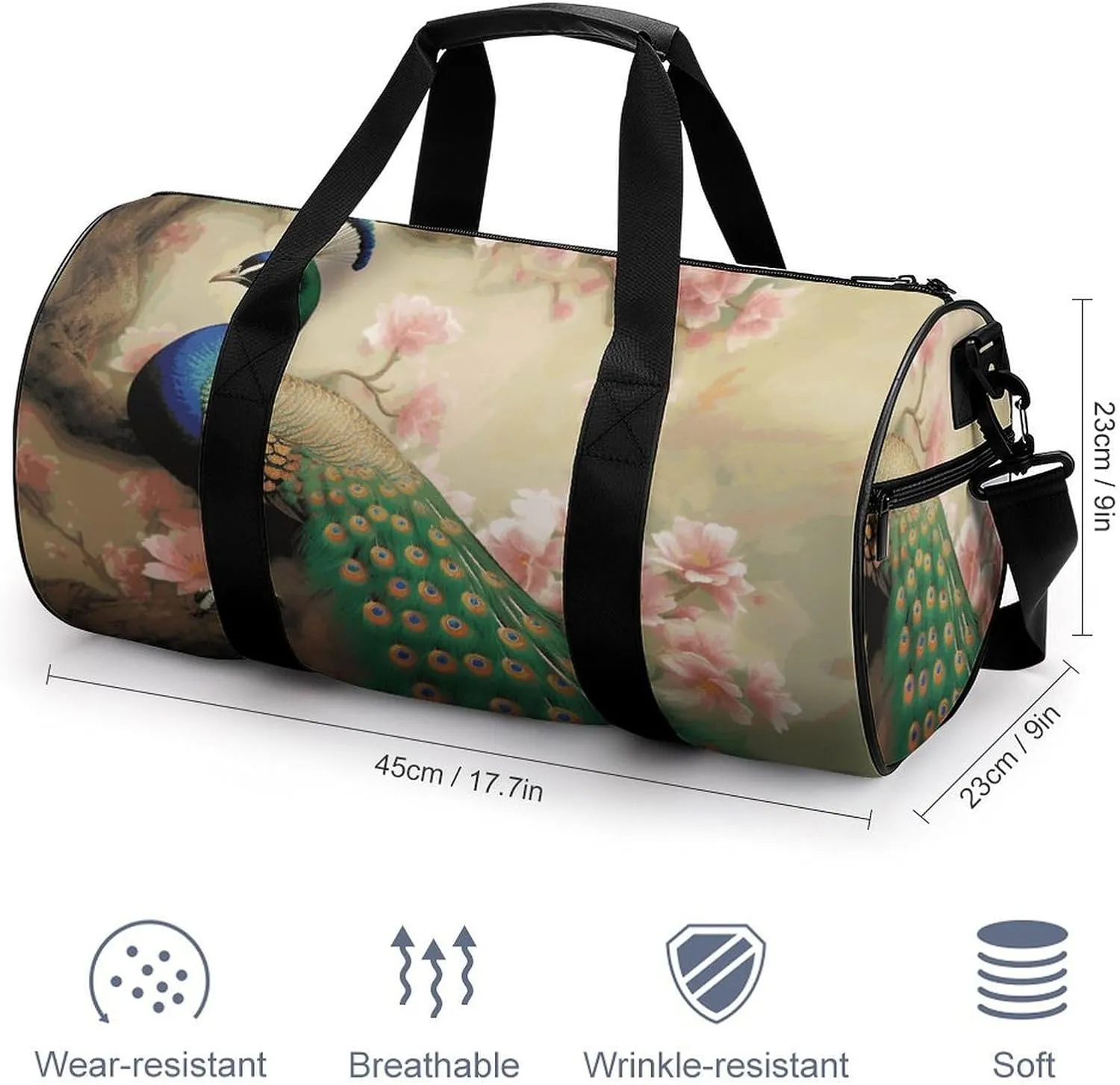Gym Bags Small Oriental Peacock on Flower Tree Duffel Bag Overnight Bag with Shoe Compartment Carryon Bag for Men Women