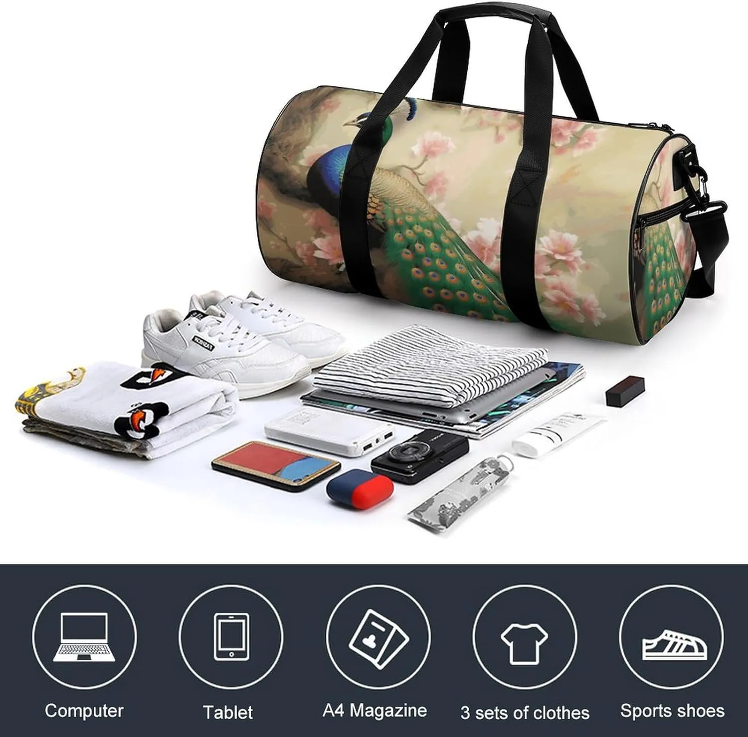Gym Bags Small Oriental Peacock on Flower Tree Duffel Bag Overnight Bag with Shoe Compartment Carryon Bag for Men Women