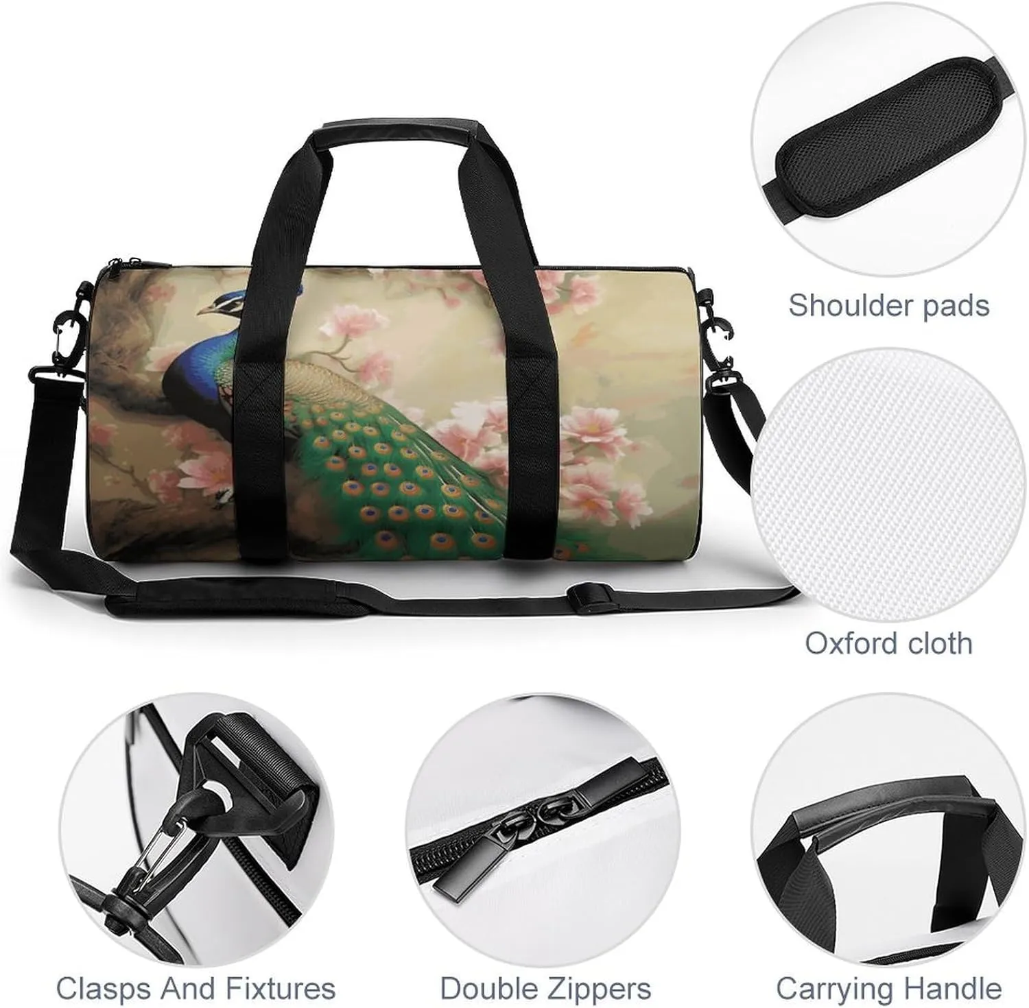 Gym Bags Small Oriental Peacock on Flower Tree Duffel Bag Overnight Bag with Shoe Compartment Carryon Bag for Men Women