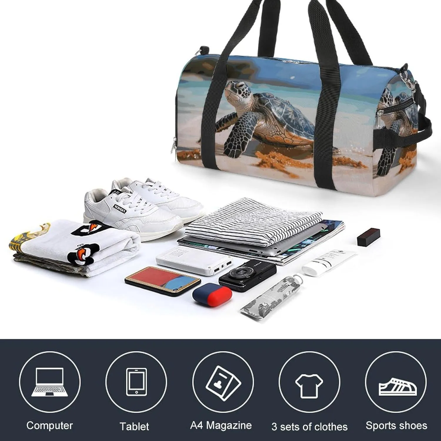 Gym Bags Small Sea Turtle on The Beach Duffel Bag Overnight Bag with Shoe Compartment Carryon Bag for Men Women