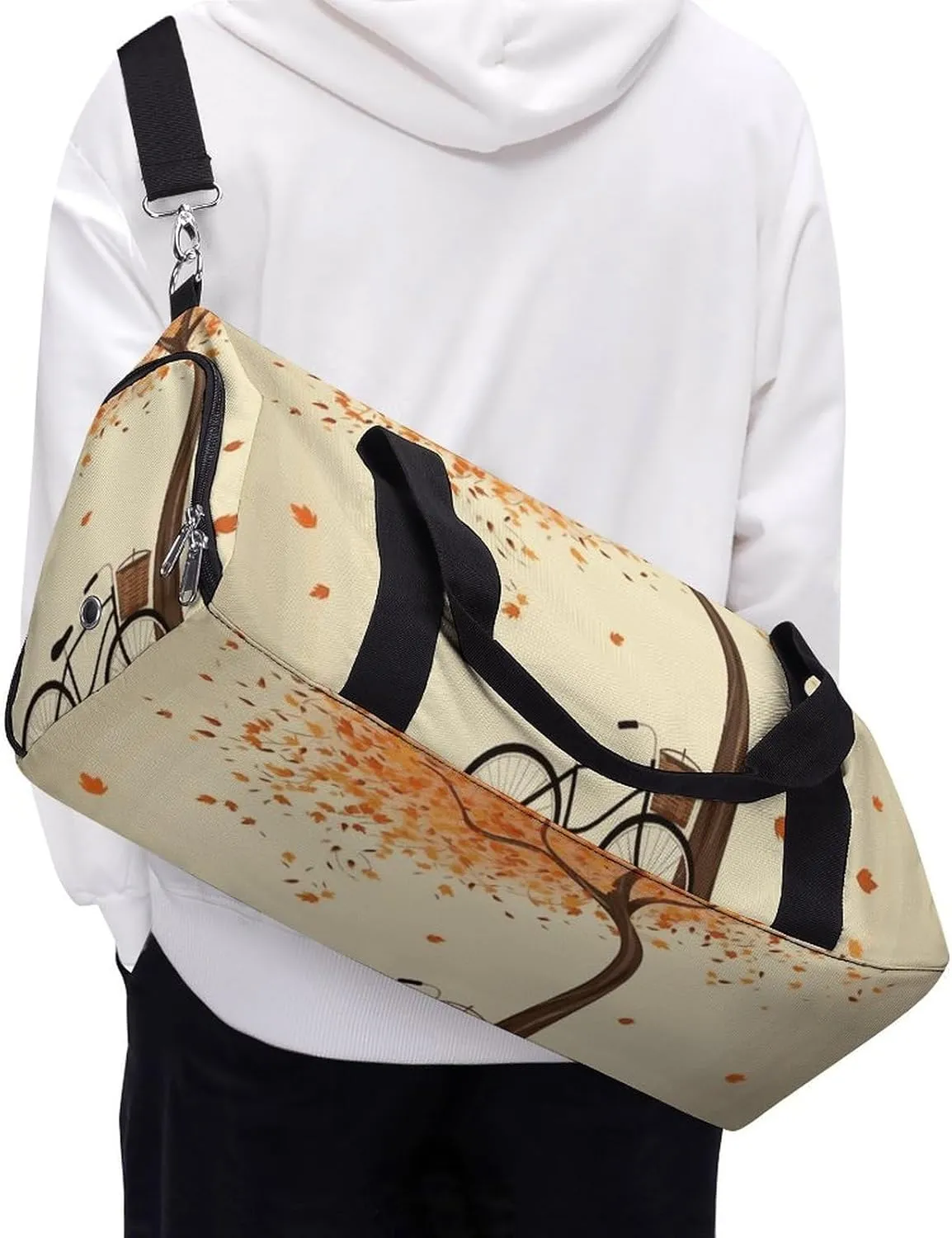 Gym Bags Small Tree Autumn Falling And Bicycle Duffel Bag Overnight Bag with Shoe Compartment Carryon Bag for Men Women