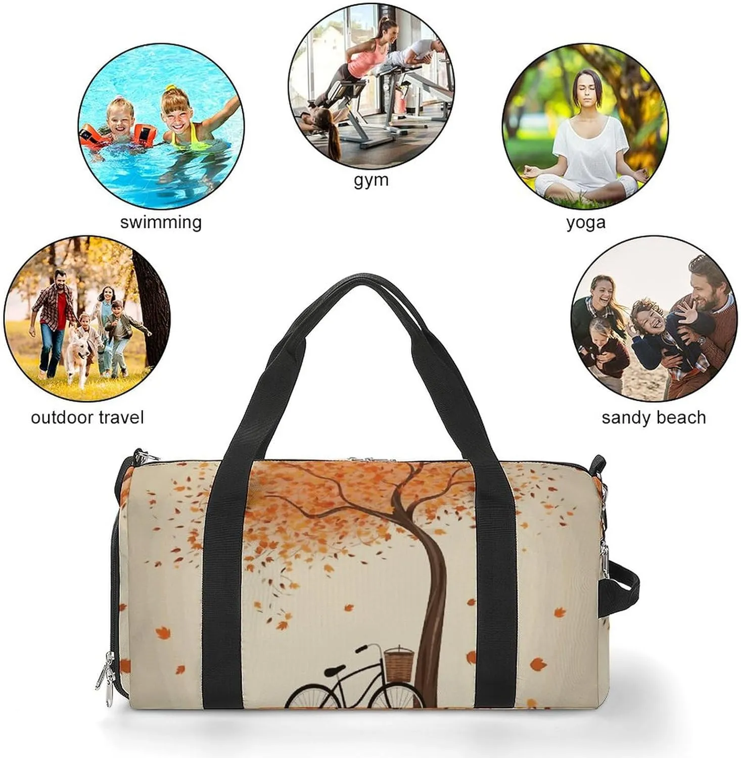 Gym Bags Small Tree Autumn Falling And Bicycle Duffel Bag Overnight Bag with Shoe Compartment Carryon Bag for Men Women