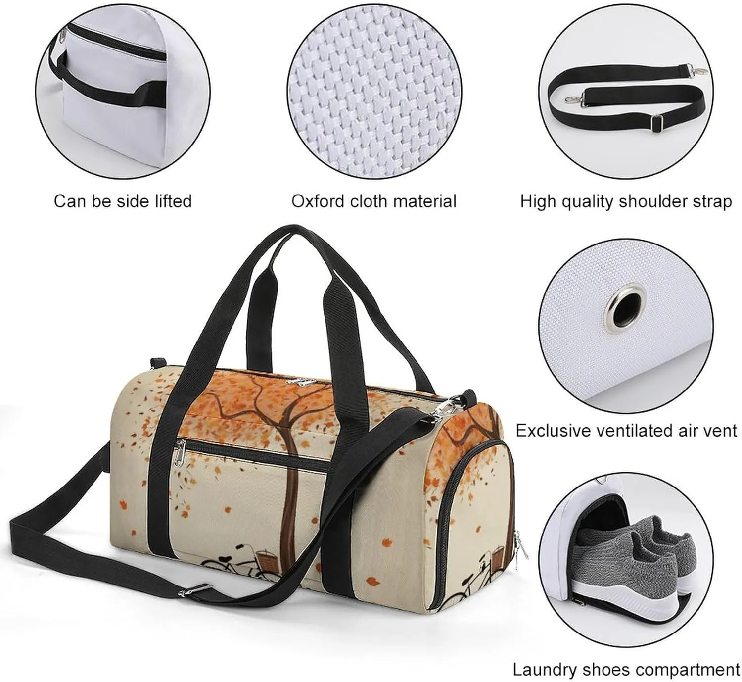 Gym Bags Small Tree Autumn Falling And Bicycle Duffel Bag Overnight Bag with Shoe Compartment Carryon Bag for Men Women