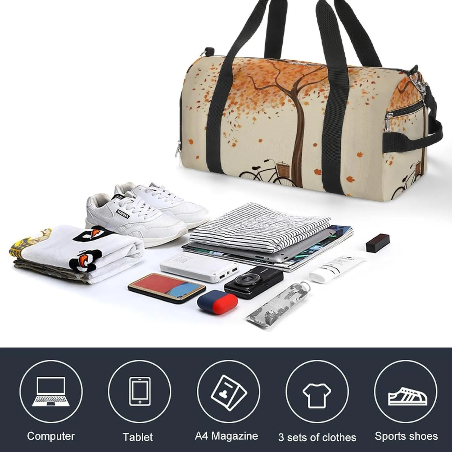 Gym Bags Small Tree Autumn Falling And Bicycle Duffel Bag Overnight Bag with Shoe Compartment Carryon Bag for Men Women