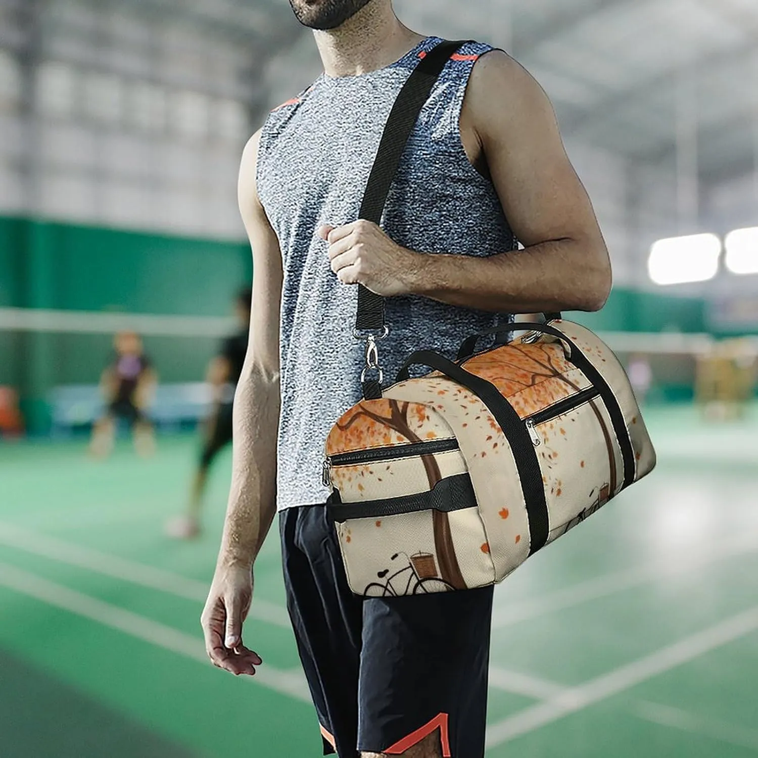 Gym Bags Small Tree Autumn Falling And Bicycle Duffel Bag Overnight Bag with Shoe Compartment Carryon Bag for Men Women