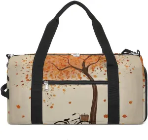 Gym Bags Small Tree Autumn Falling And Bicycle Duffel Bag Overnight Bag with Shoe Compartment Carryon Bag for Men Women