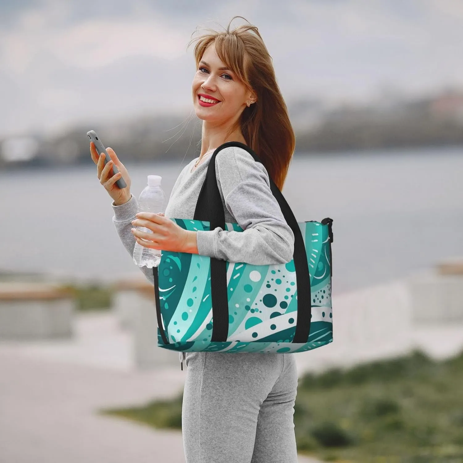 Gym Bags Small Turquoise and white circle Duffel Bag Overnight Bag with Shoe Compartment Carryon Bag for Men Women