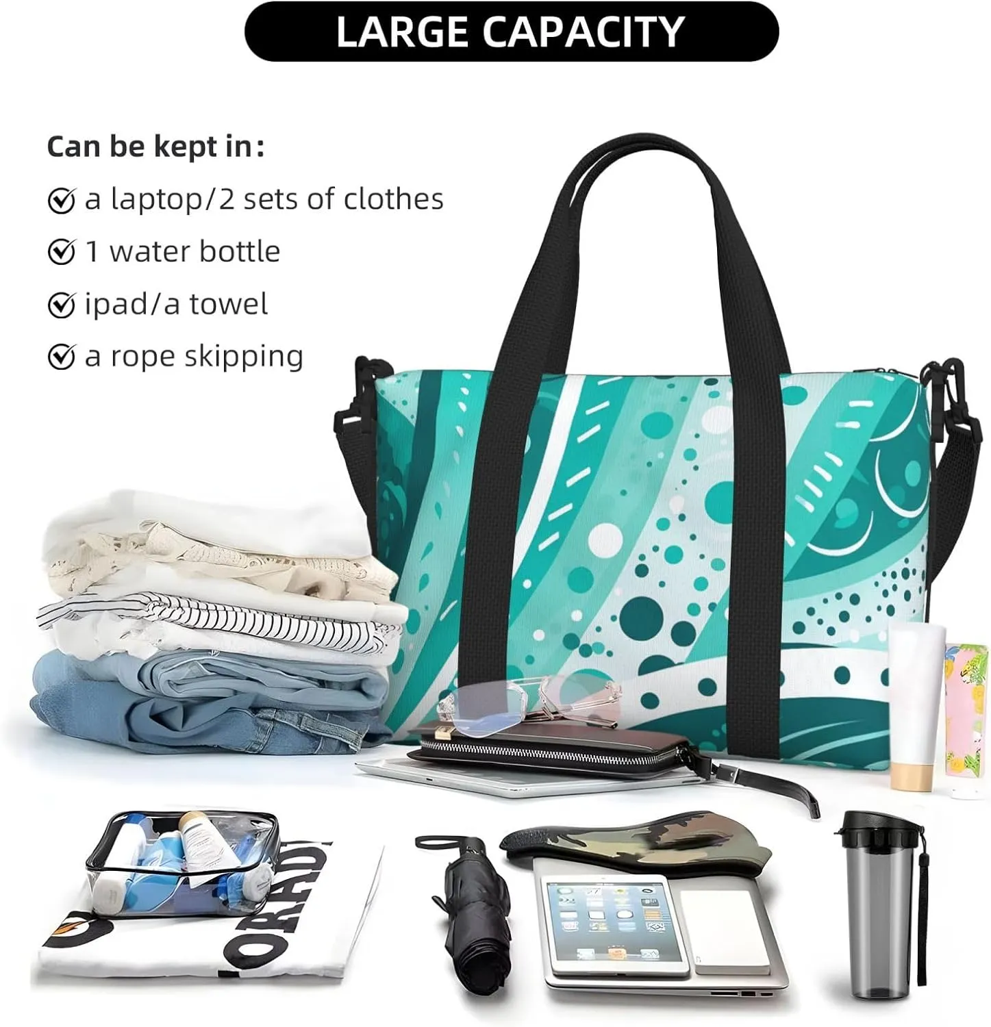 Gym Bags Small Turquoise and white circle Duffel Bag Overnight Bag with Shoe Compartment Carryon Bag for Men Women