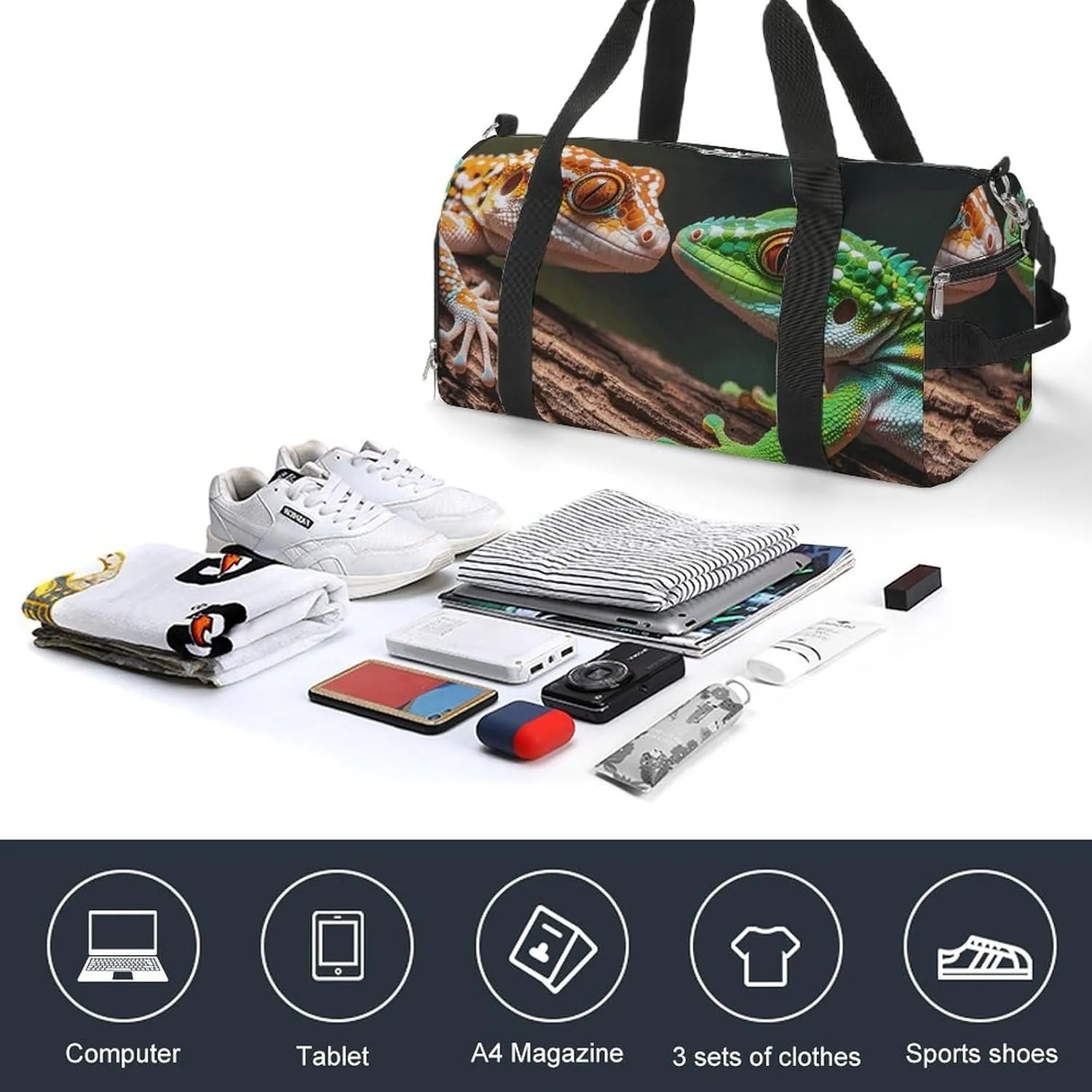Gym Bags Small Two Geckos Duffel Bag Overnight Bag with Shoe Compartment Carryon Bag for Men Women
