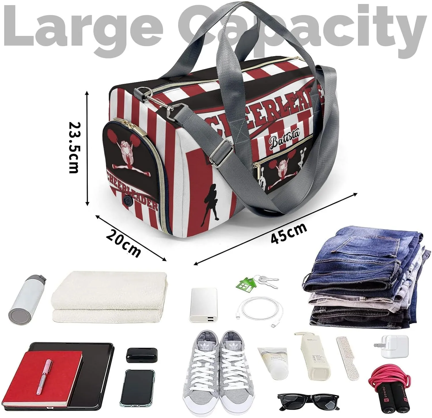 Gym Cheerleader Girl Red Custom Duffel Bag Sports Gym Bags Travel Weekender Overnight Bag for Girls Boys,Personalized Gymnastics Sleepover Bag Carry-on Bags Lightweight Work Out Bags