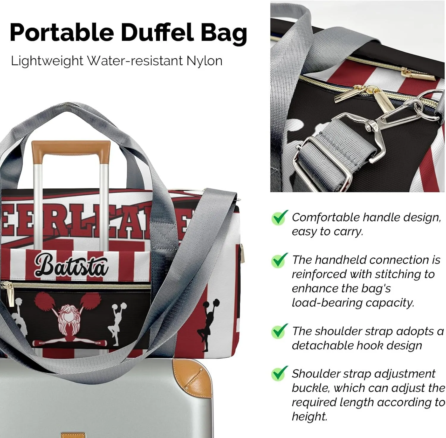 Gym Cheerleader Girl Red Custom Duffel Bag Sports Gym Bags Travel Weekender Overnight Bag for Girls Boys,Personalized Gymnastics Sleepover Bag Carry-on Bags Lightweight Work Out Bags