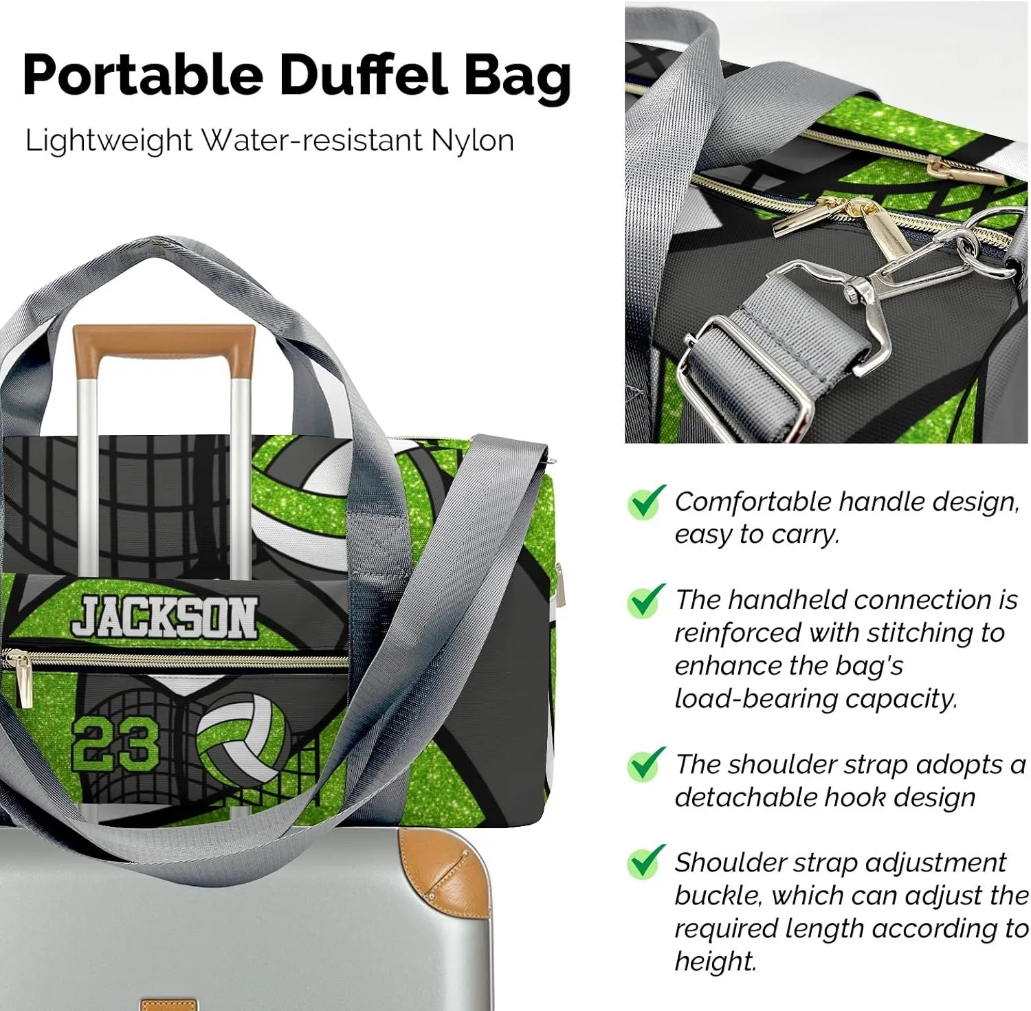 Gym Volleyball Player Grass Number Personalized Gym Dance Bag for Girls Boys,Custom Name Sport Duffel Bag Weekender Bags Carry On Travel Duffel Bag
