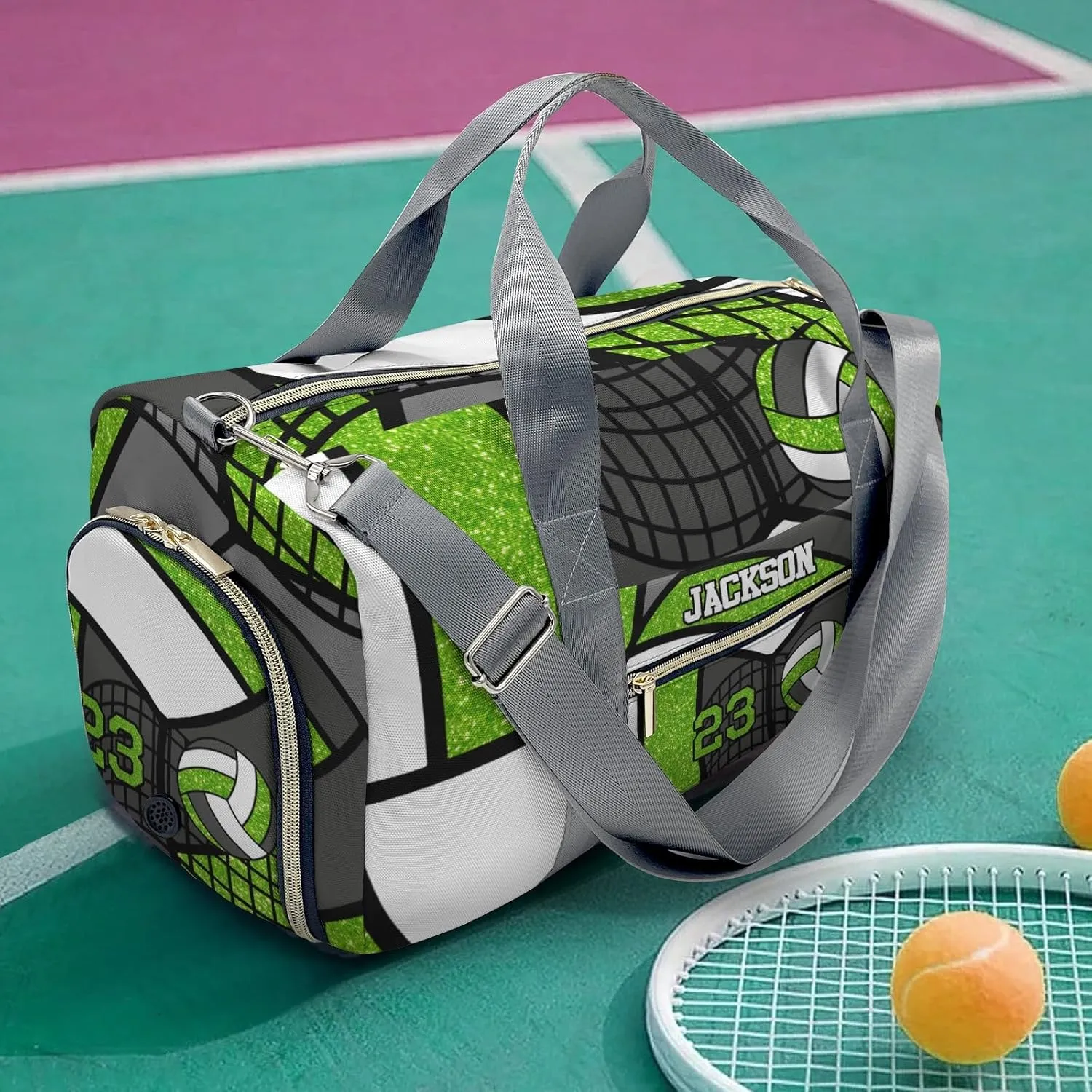 Gym Volleyball Player Grass Number Personalized Gym Dance Bag for Girls Boys,Custom Name Sport Duffel Bag Weekender Bags Carry On Travel Duffel Bag