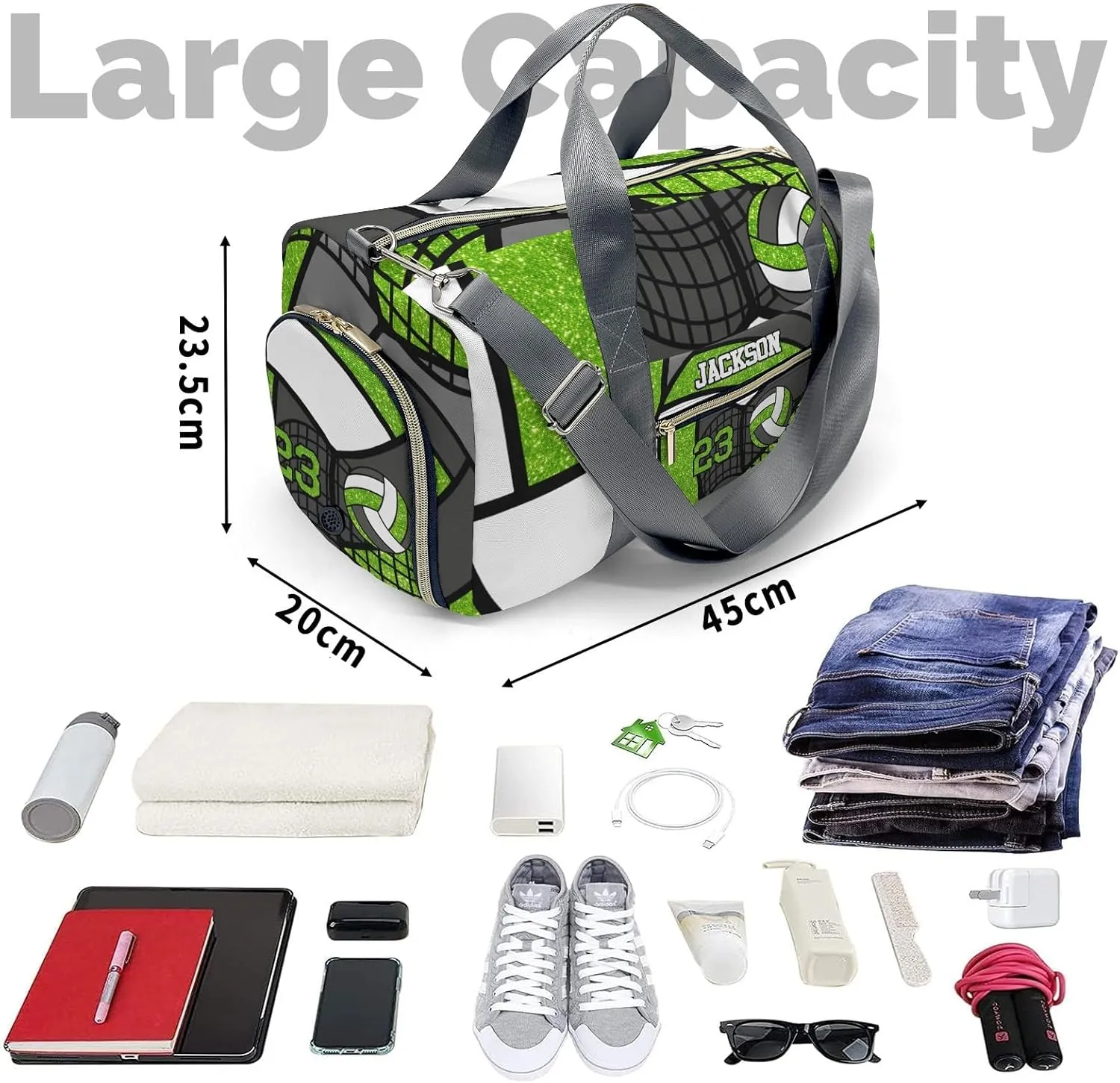 Gym Volleyball Player Grass Number Personalized Gym Dance Bag for Girls Boys,Custom Name Sport Duffel Bag Weekender Bags Carry On Travel Duffel Bag