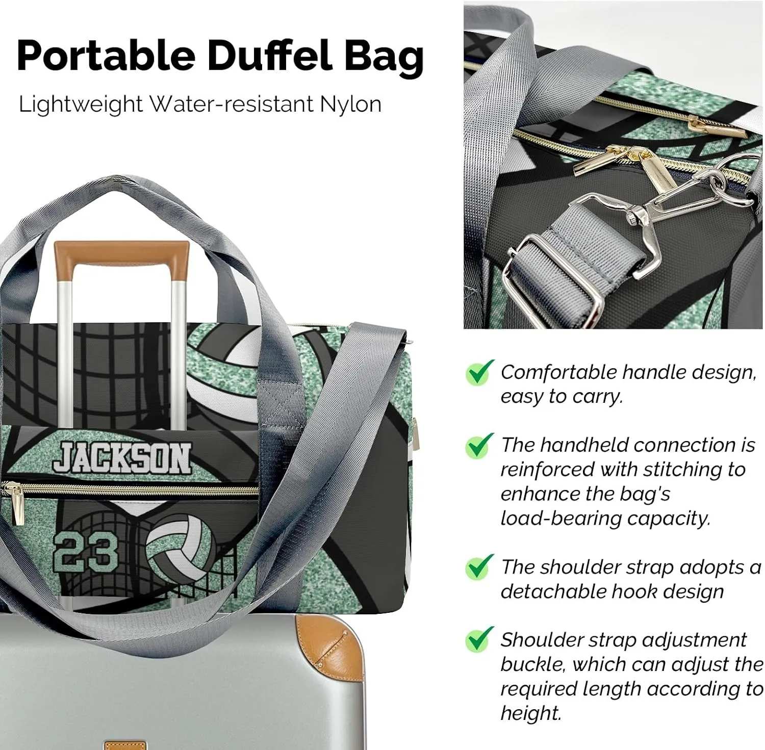 Gym Volleyball Player Mint Number Personalized Kids Duffel Swim Bag for Boys,Customized Swim Duffle Bag for Boys Man Kids Gifts