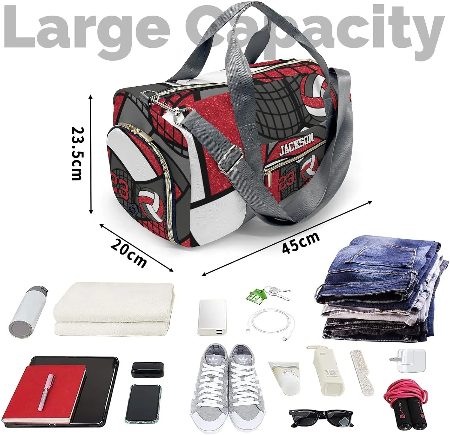 Gym Volleyball Player Red Number Custom Duffel Bag Sports Gym Bags Travel Weekender Overnight Bag for Girls Boys,Personalized Gymnastics Sleepover Bag Carry-on Bags Lightweight Work Out Bags