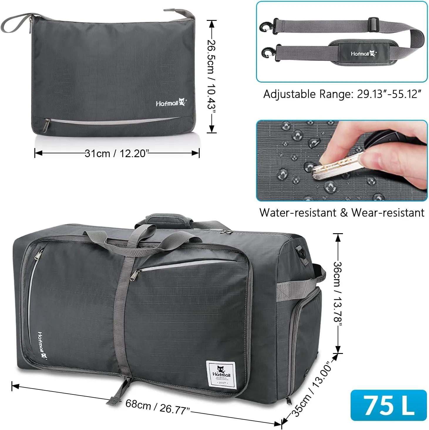 Hafmall 75L Huge Duffel Bags, xl Large Mens Duffle Bag with Shoe Compartments, Dark Gray
