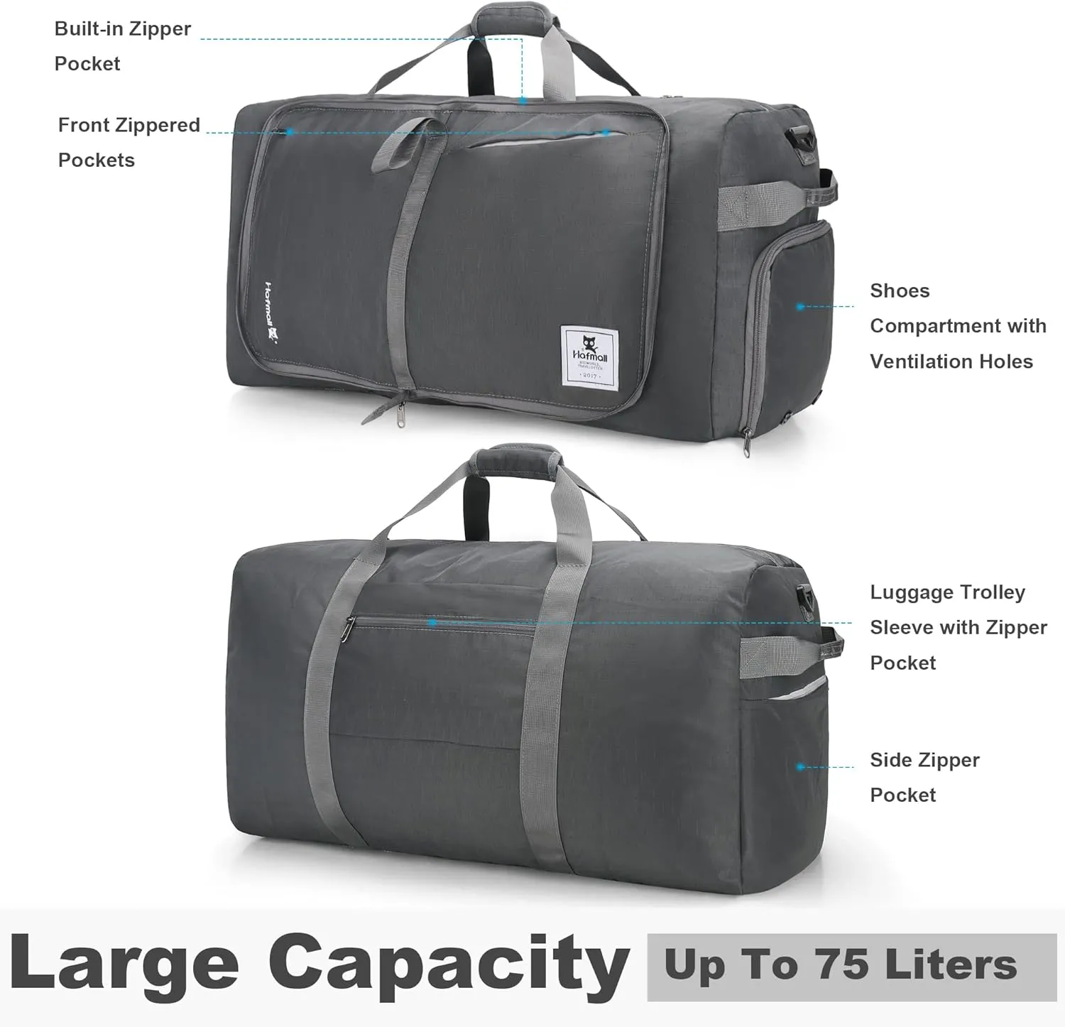 Hafmall 75L Huge Duffel Bags, xl Large Mens Duffle Bag with Shoe Compartments, Dark Gray