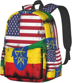 Half Ethiopian Flag Vintage Ethiopia American Laptop Backpack Work Travel Backpacks Business Rucksack Casual Outdoor Daypack with Adjustable Strap Bags for Sports Office Gym Hiking