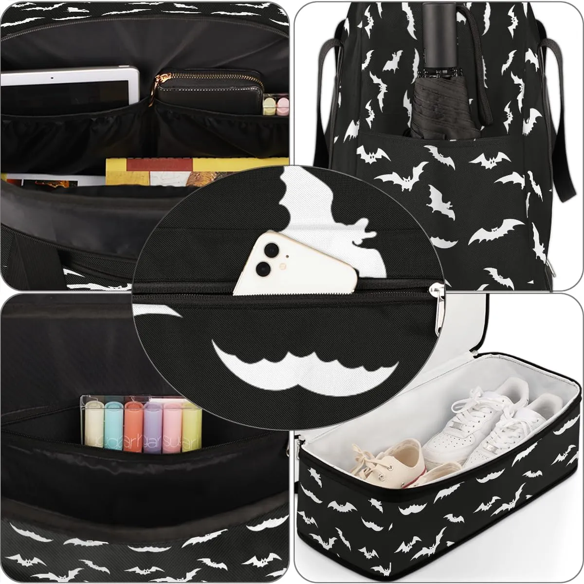 Halloween Goth Bat Travel Duffle Bags With Shoes Compartment for Women Men Weekender Overnight Bag Foldable Sports Tote Gym Carry On Luggage Handlebag for Travel Yoga Hospital Workout